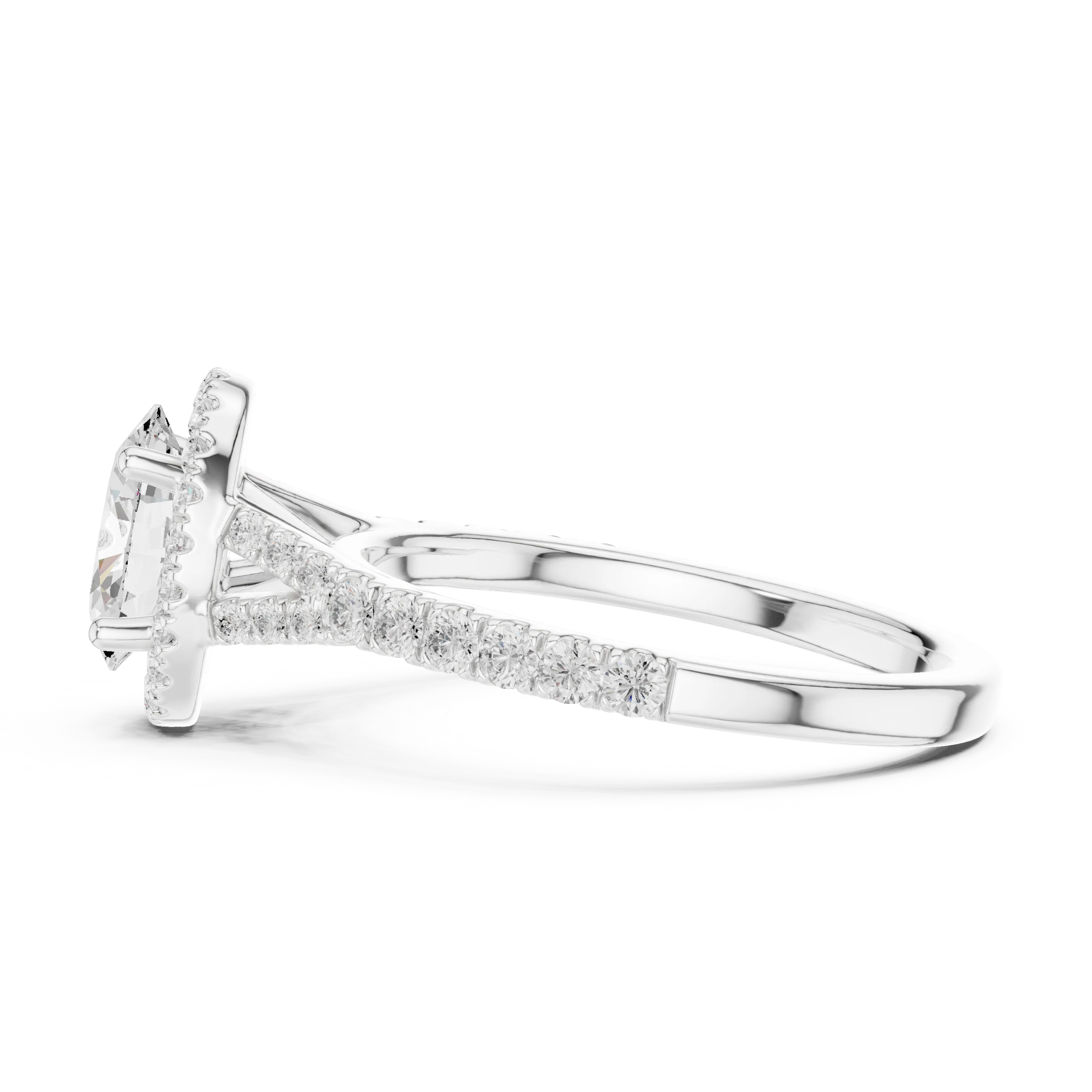 Side view of white gold oval halo ring with pavé split shank band and elevated halo setting