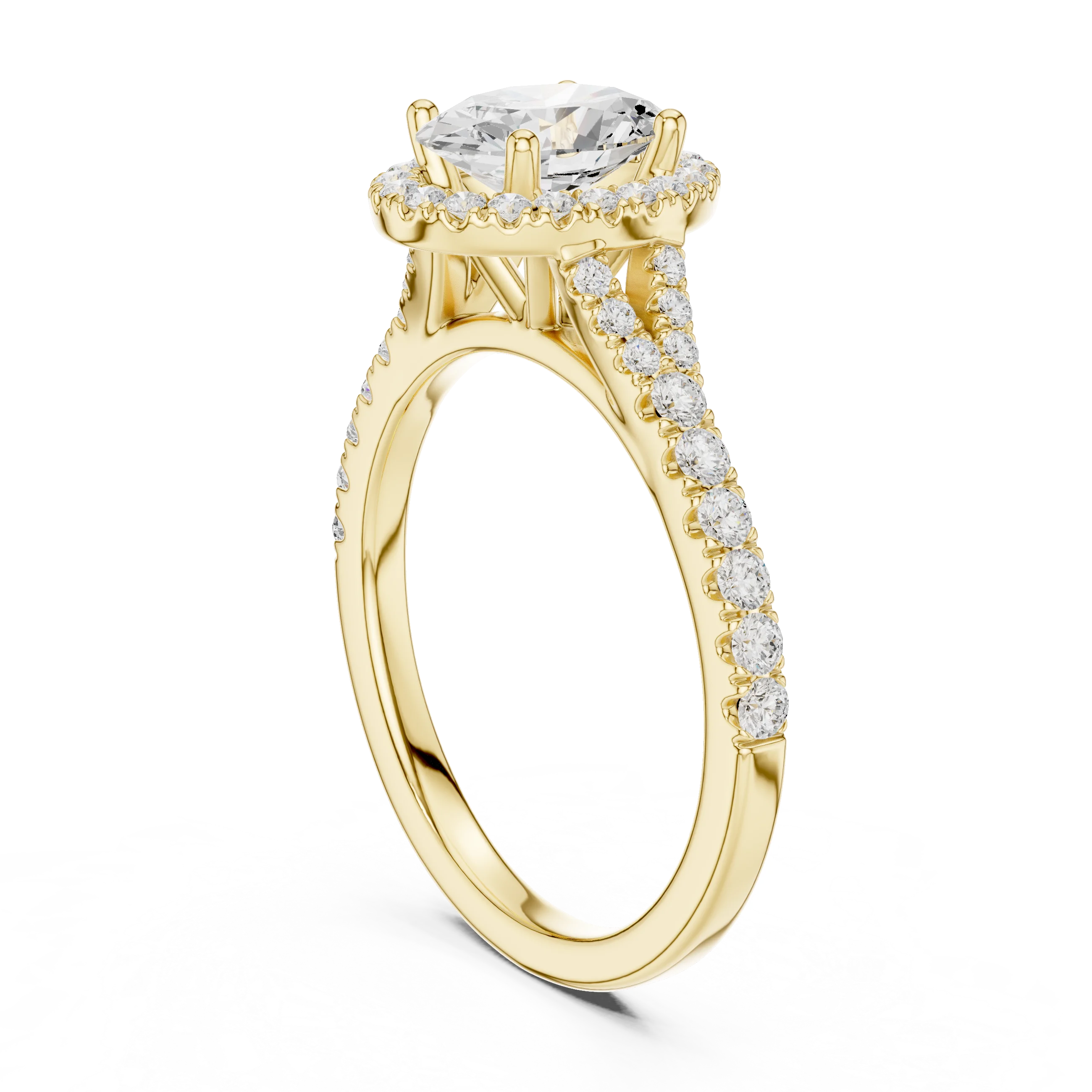 Back side view of yellow gold oval halo ring showing pavé split shank band and setting structure