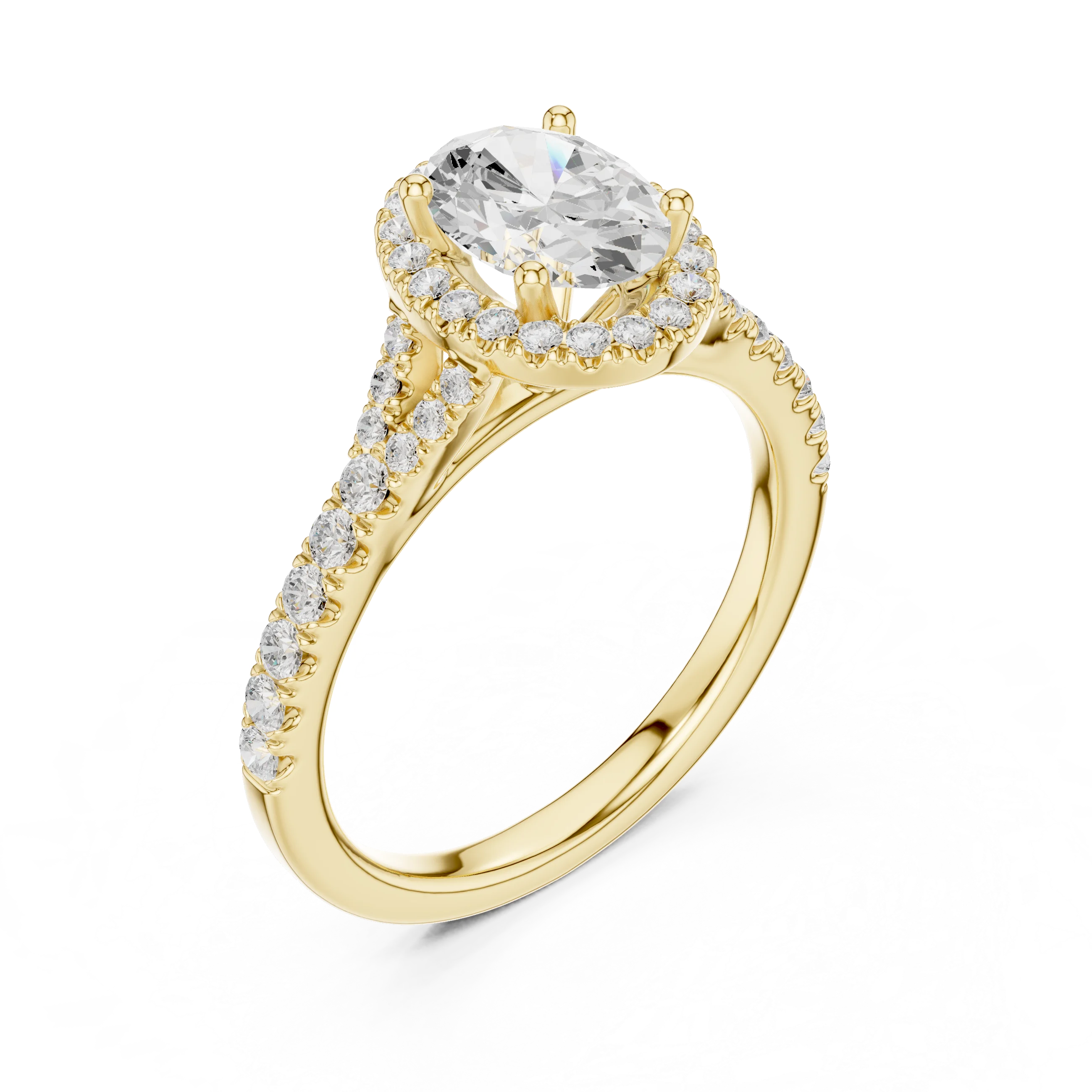 Front view of yellow gold oval halo ring with pavé split shank band and center diamond