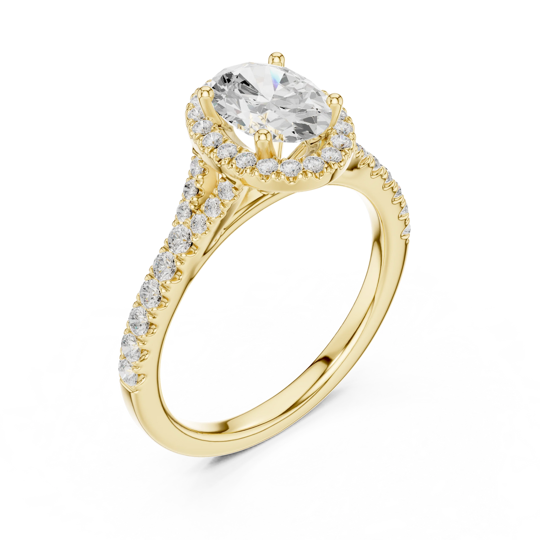Front view of yellow gold oval halo ring with pavé split shank band and center diamond
