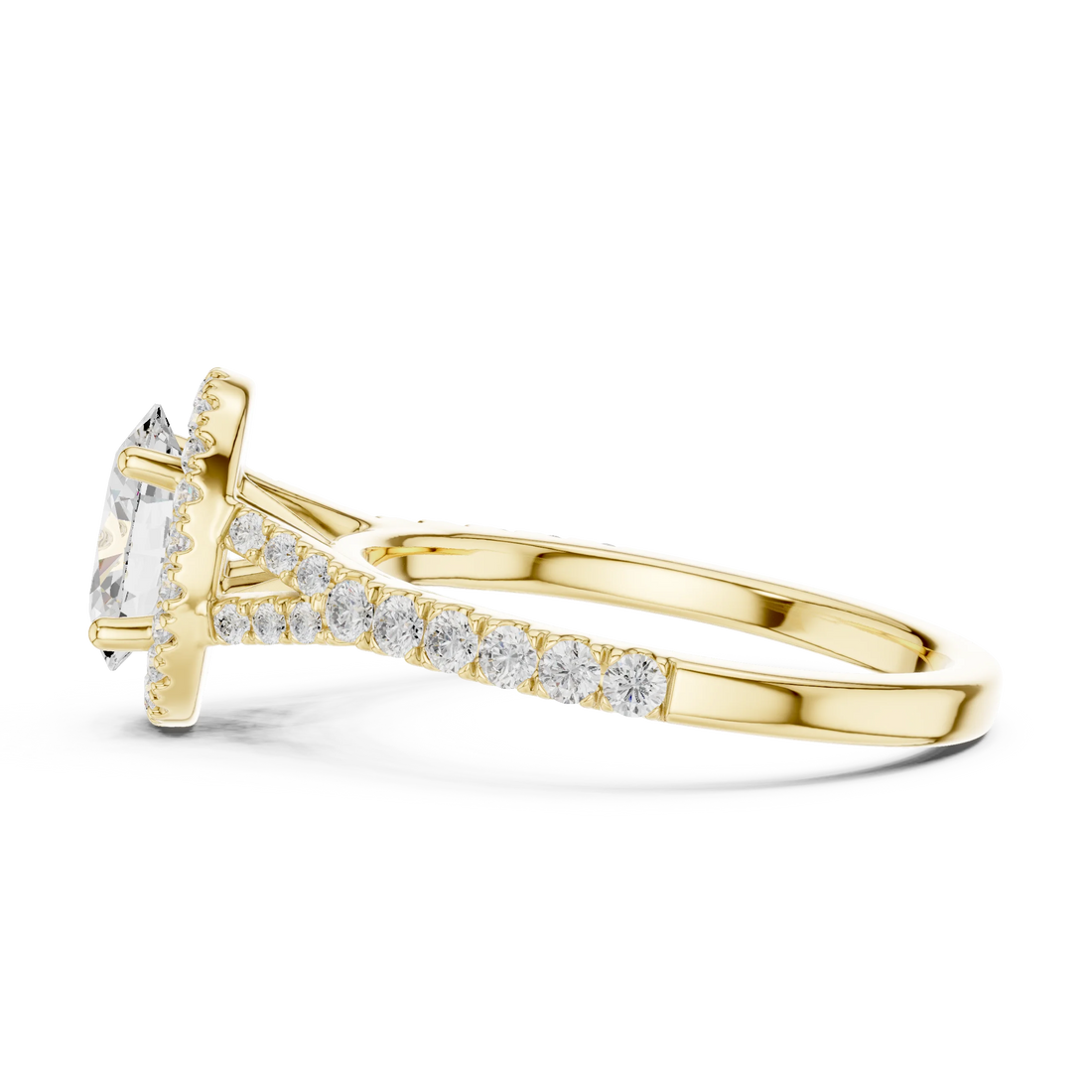 Side view of yellow gold oval halo ring with pavé split shank band and halo setting