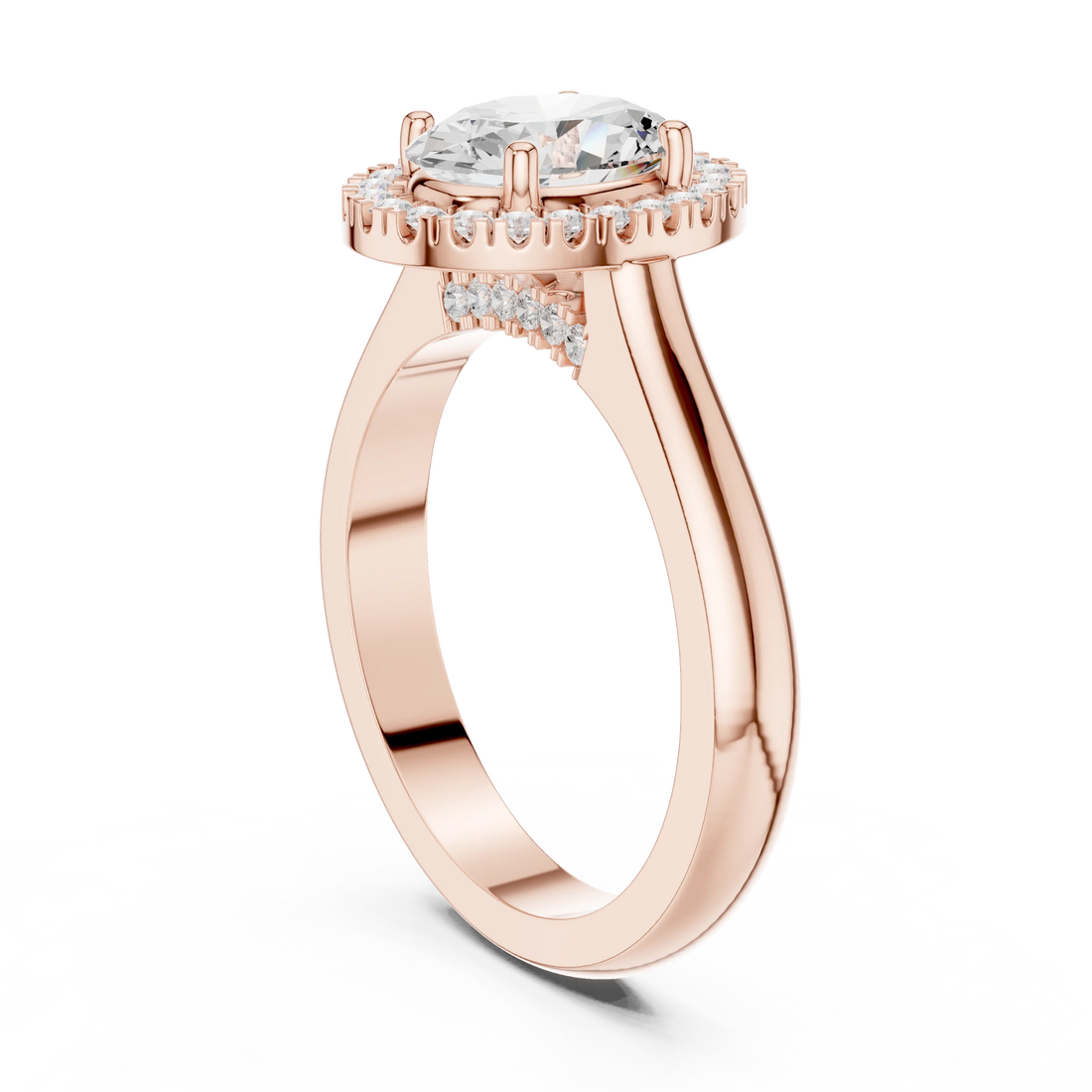Back view of rose gold oval halo ring with lab-grown diamond and polished band