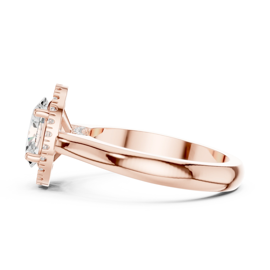 Side view of rose gold oval halo ring highlighting diamond setting and band profile