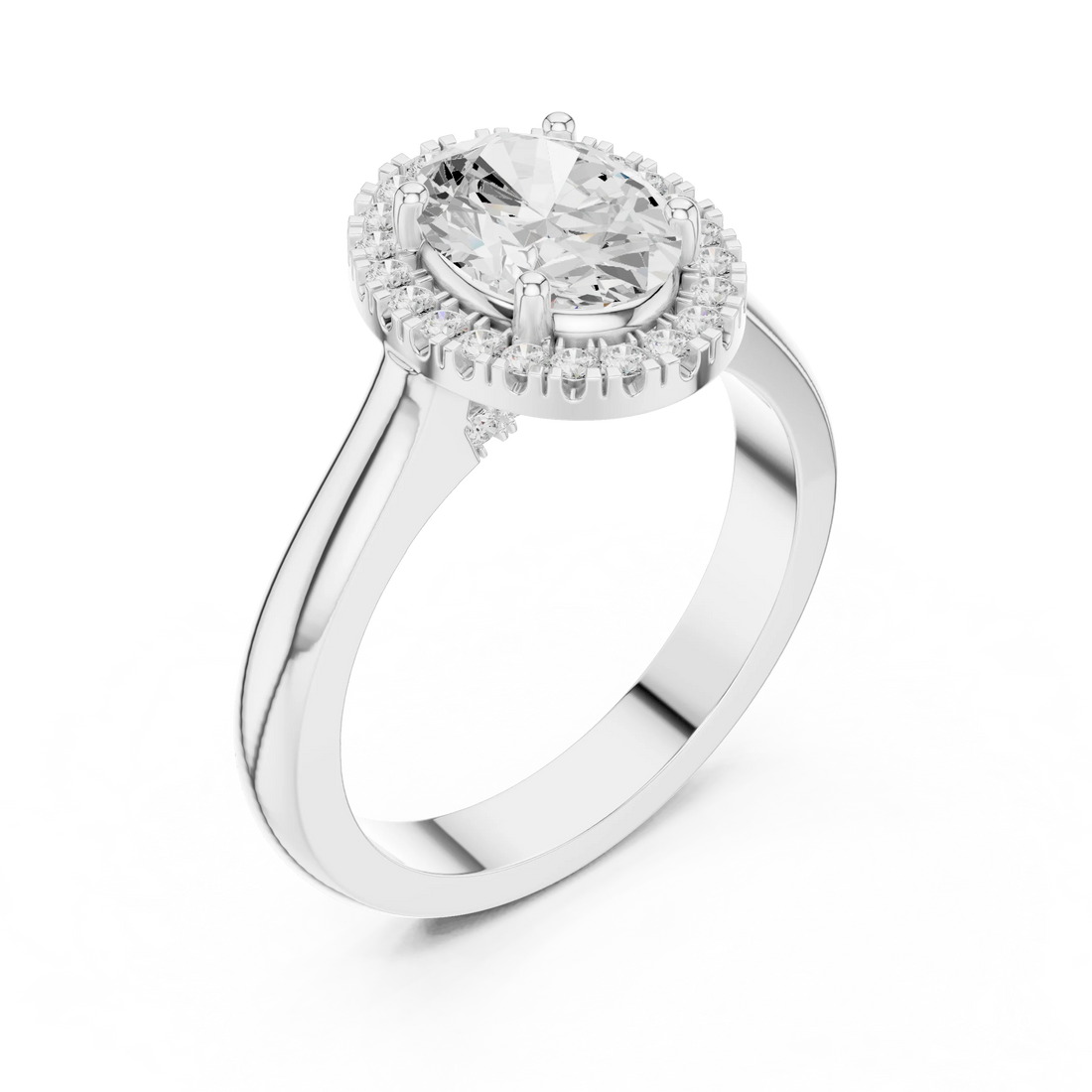 Front view of white gold oval halo ring featuring lab-grown diamond with halo setting
