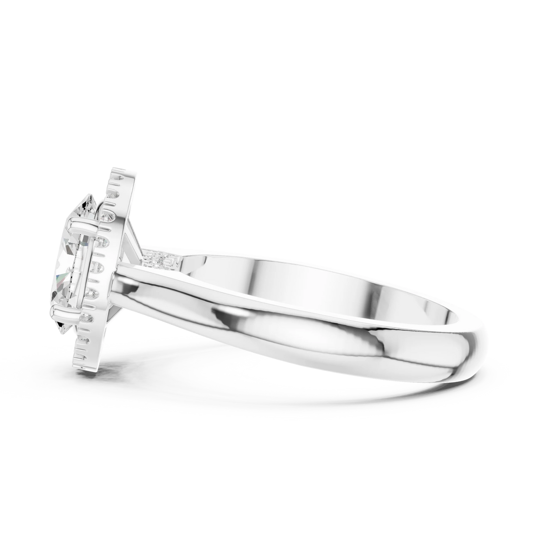 Side view of white gold oval halo ring highlighting diamond setting and band profile