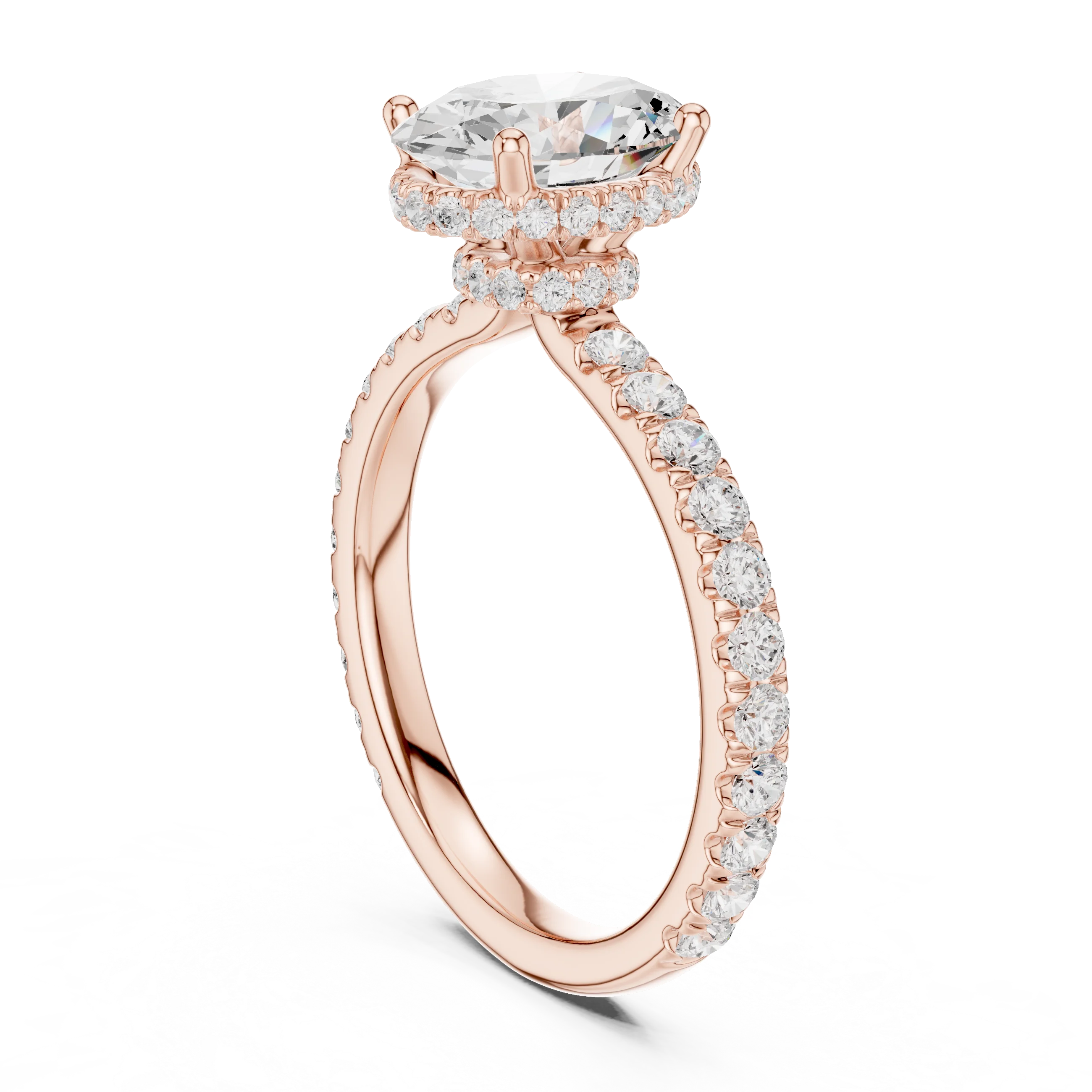 Back view of rose gold oval hidden halo ring with pave diamond band and lab-grown diamond – Australia