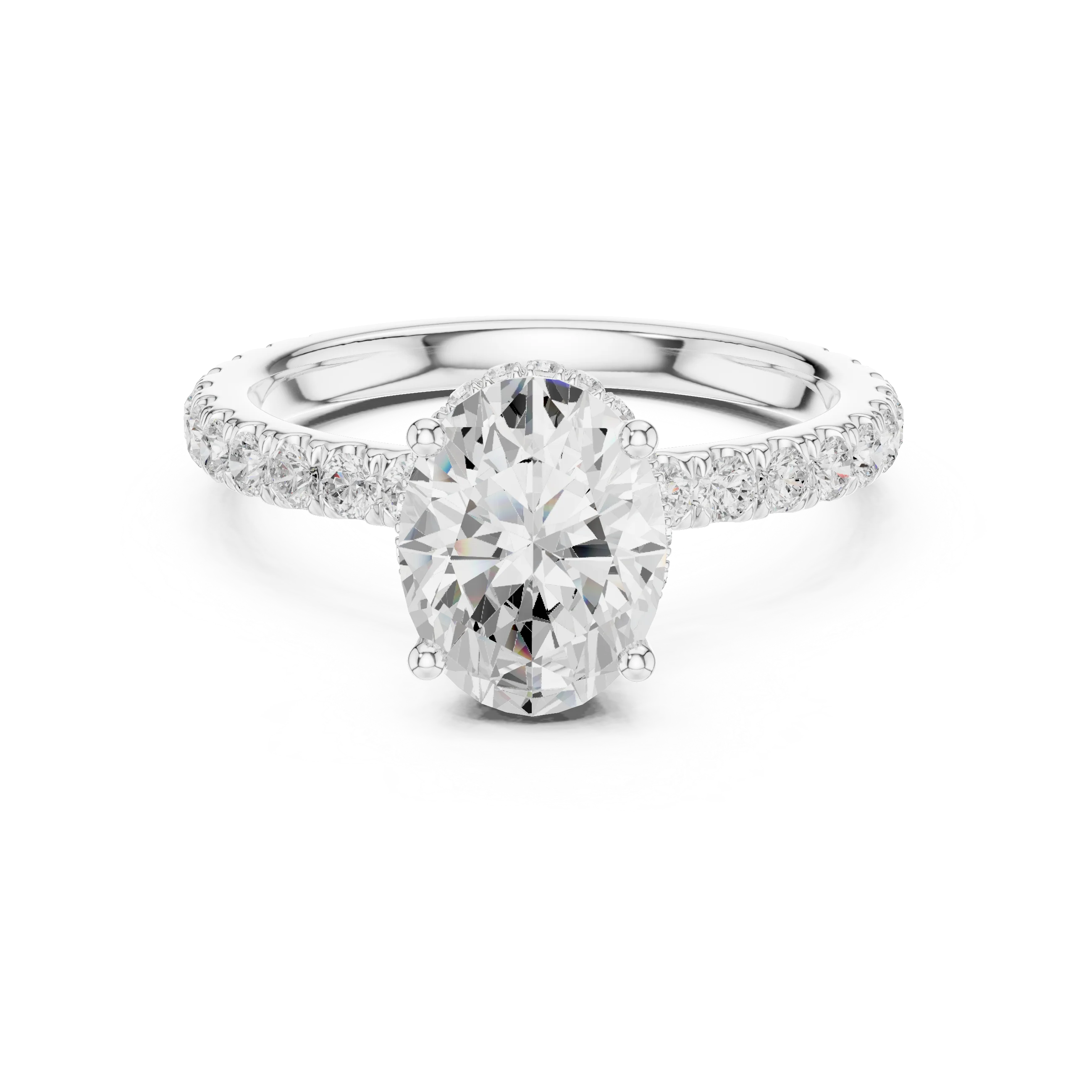 Oval hidden halo ring in white gold with pave diamond band and lab-grown diamond – Australia