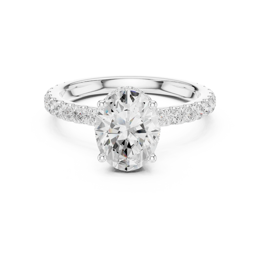 Oval hidden halo ring in white gold with pave diamond band and lab-grown diamond – Australia