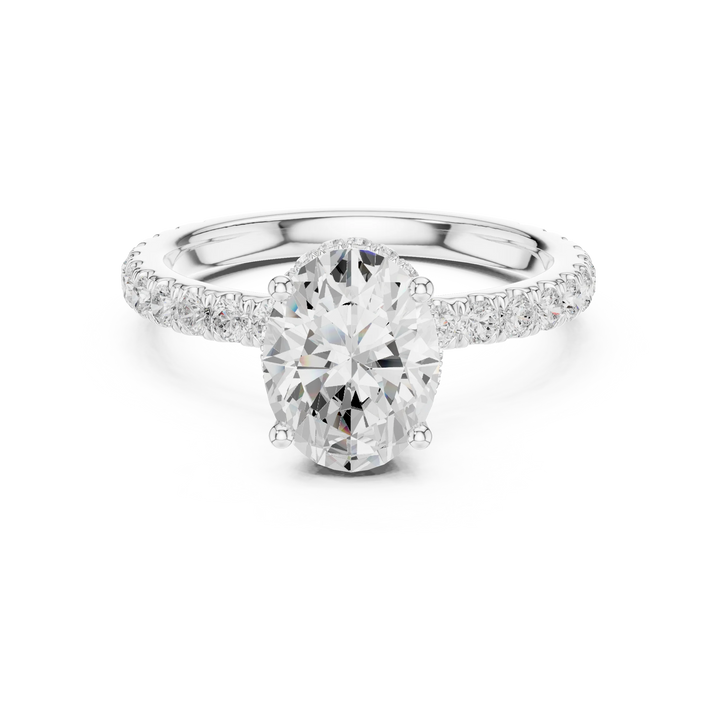 Oval hidden halo ring in white gold with pave diamond band and lab-grown diamond – Australia