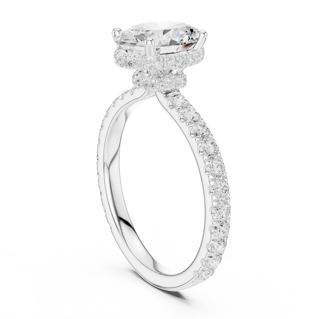 Back view of white gold oval hidden halo ring with pave diamond band and lab-grown diamond – Australia