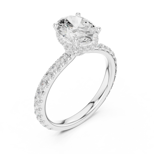 Front view of white gold oval hidden halo ring with pave diamond band and lab-grown diamond – Australia