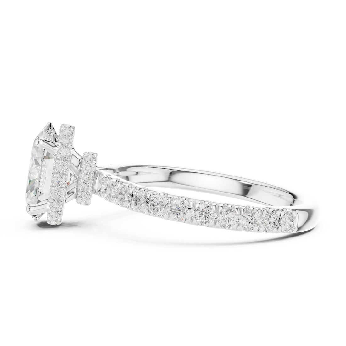 Side view of white gold oval hidden halo ring with pave diamond band and lab-grown diamond – Australia