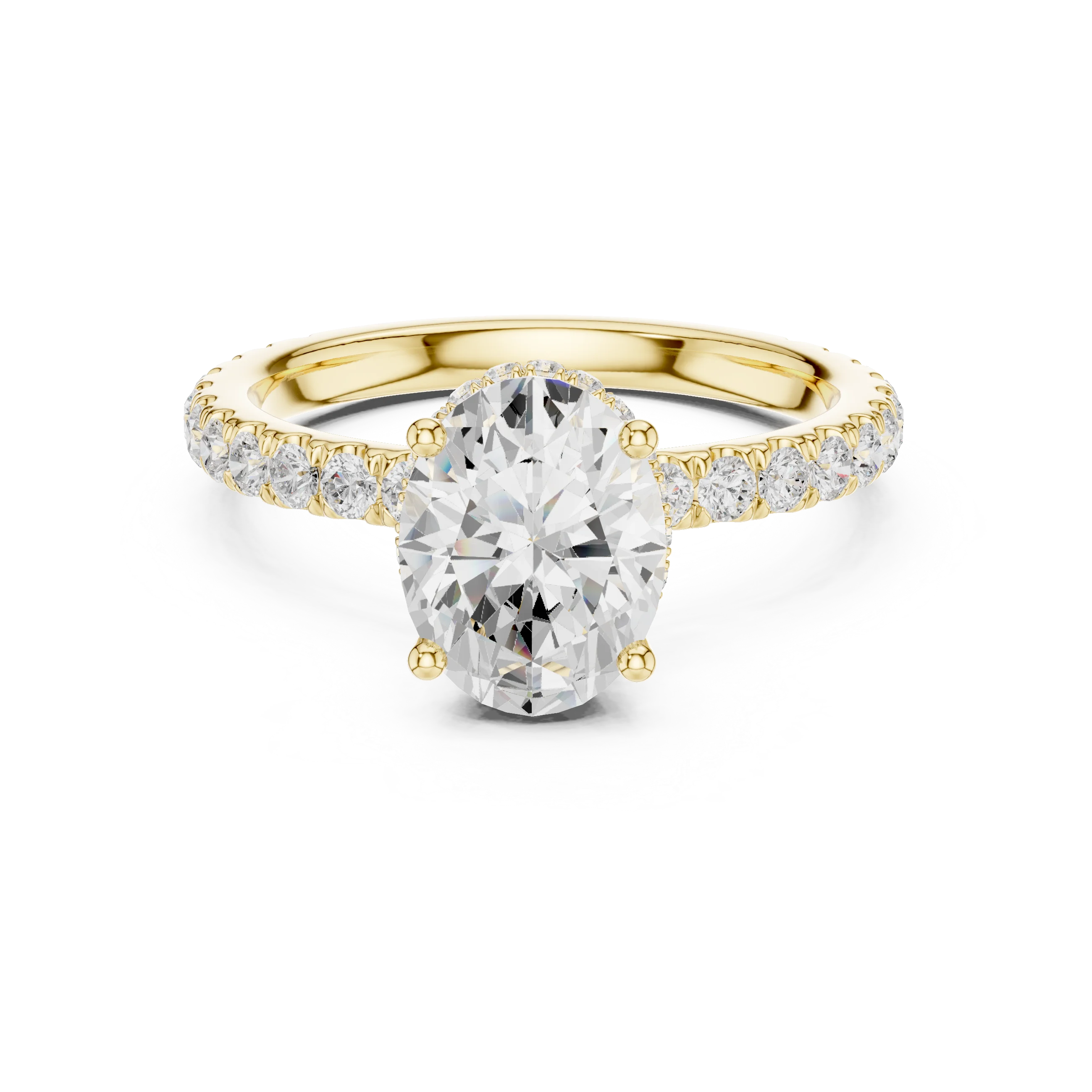 Oval hidden halo ring in yellow gold with pave diamond band and lab-grown diamond – Australia