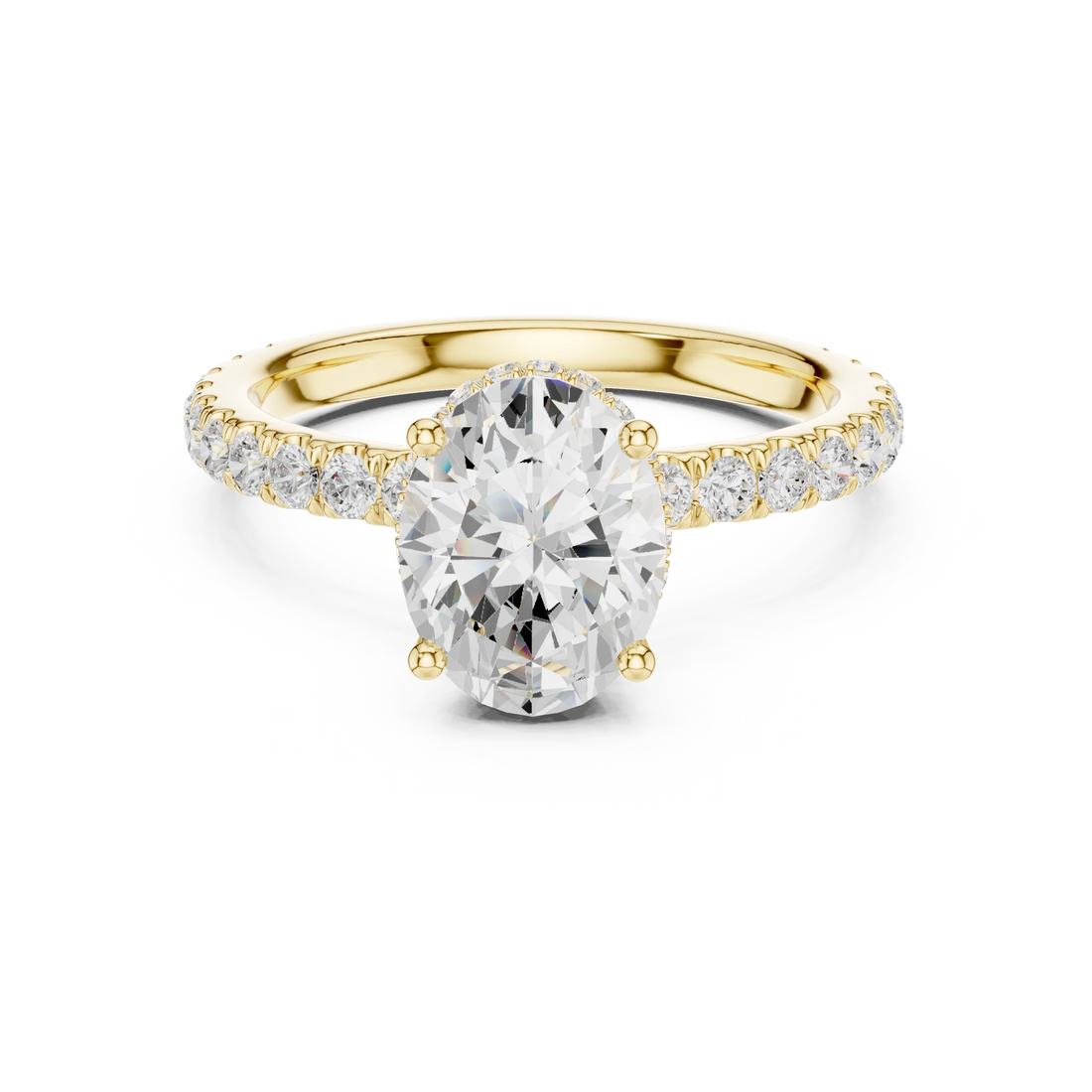 Oval hidden halo ring in yellow gold with pave diamond band and lab-grown diamond – Australia