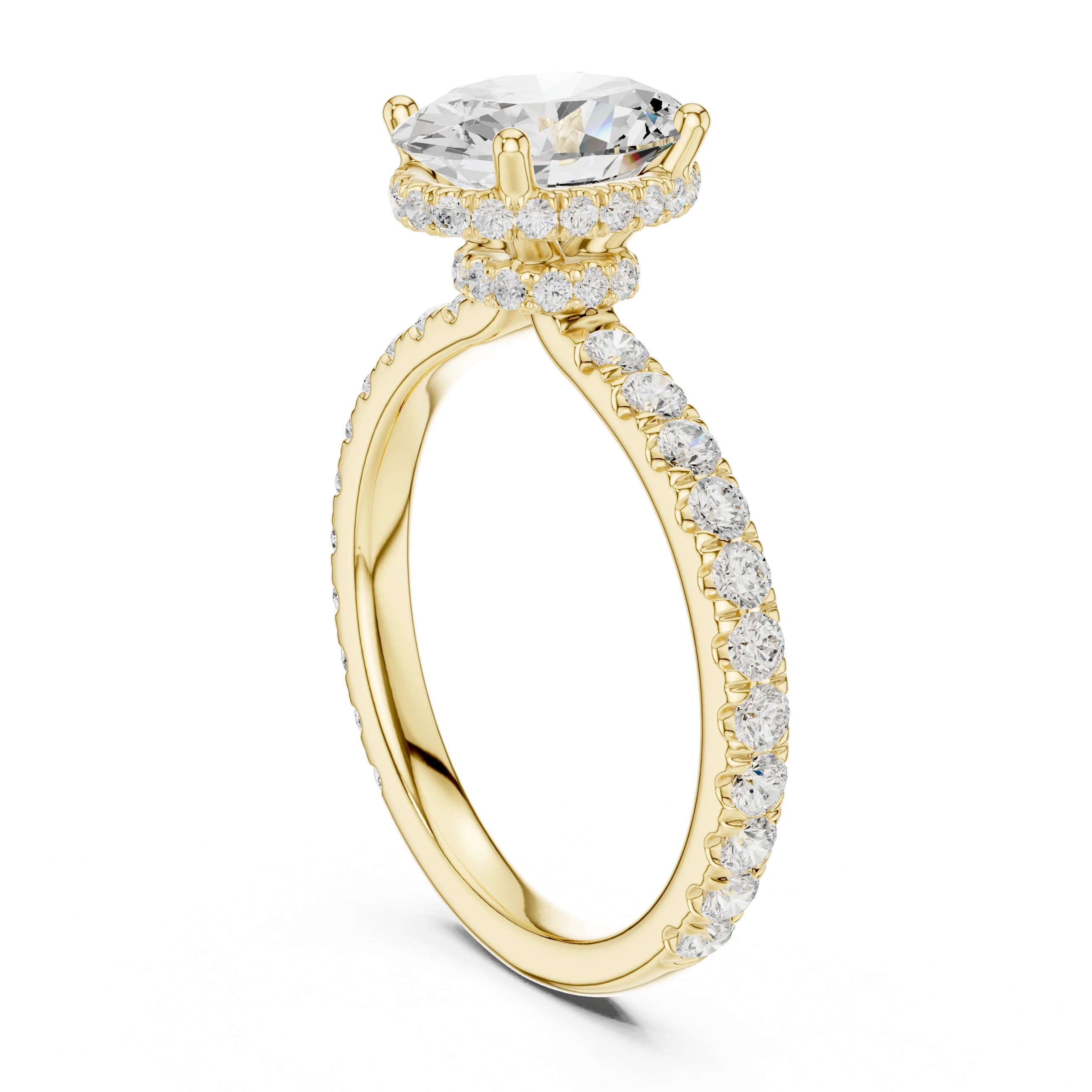 Back view of yellow gold oval hidden halo ring with pave diamond band and lab-grown diamond – Australia