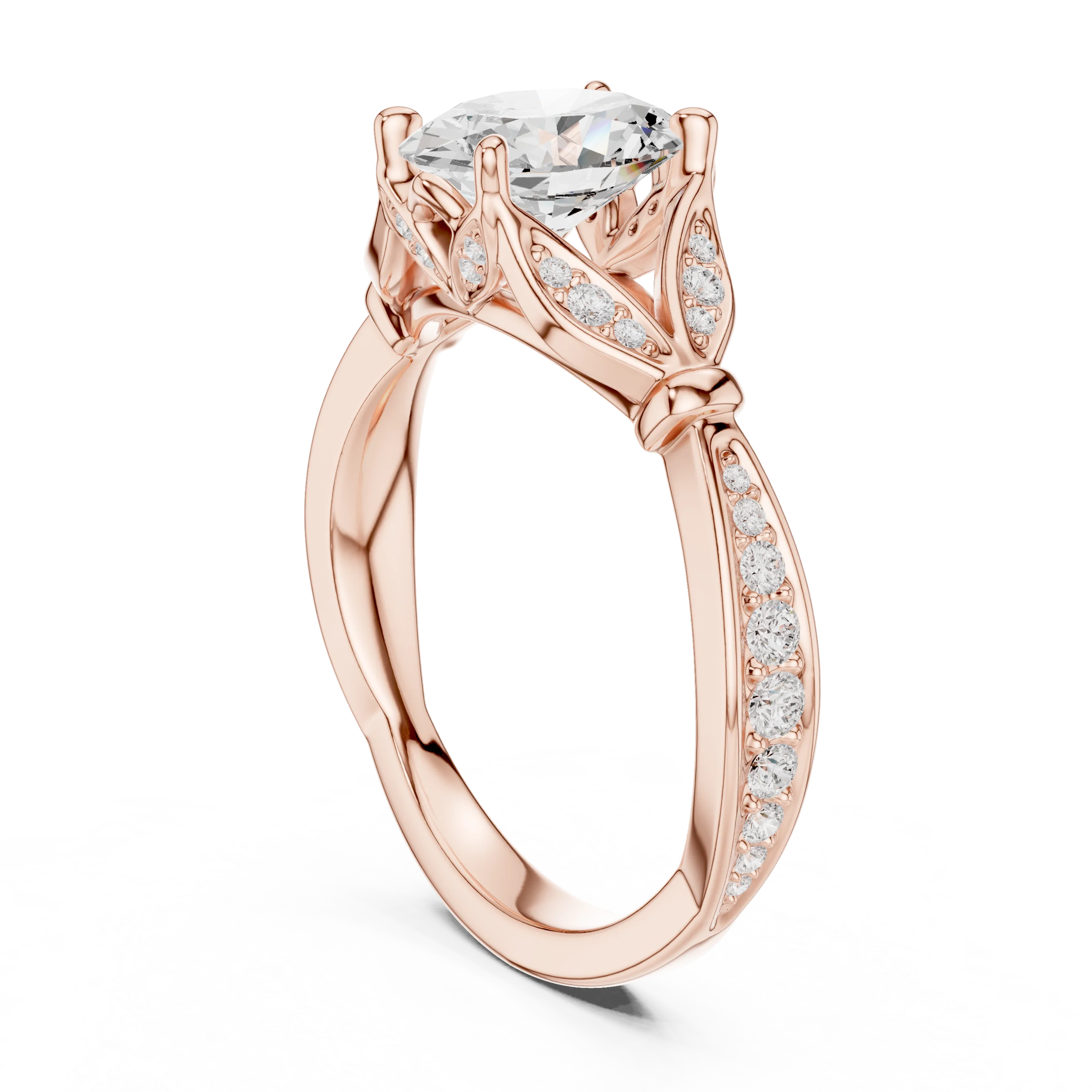 Back side view of rose gold oval solitaire ring with floral milgrain pave band and lab-grown diamond – Australia