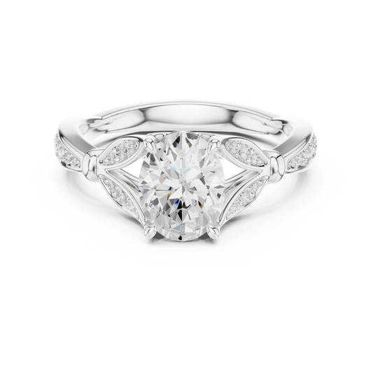 Oval solitaire ring in white gold with floral milgrain pave band and lab-grown diamond – Australia