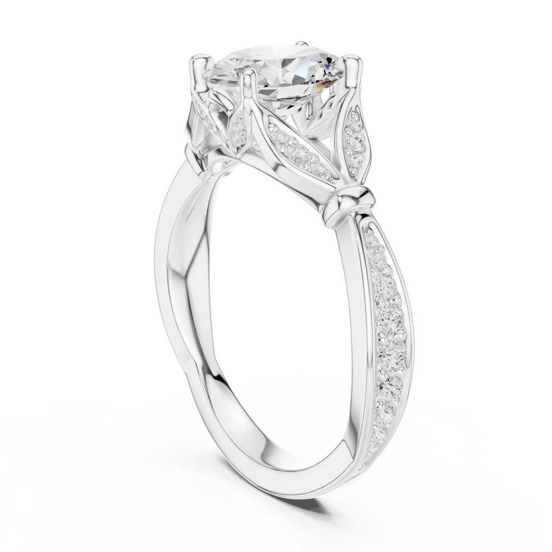 Back side view of white gold oval solitaire ring with floral milgrain pave band and lab-grown diamond – Australia