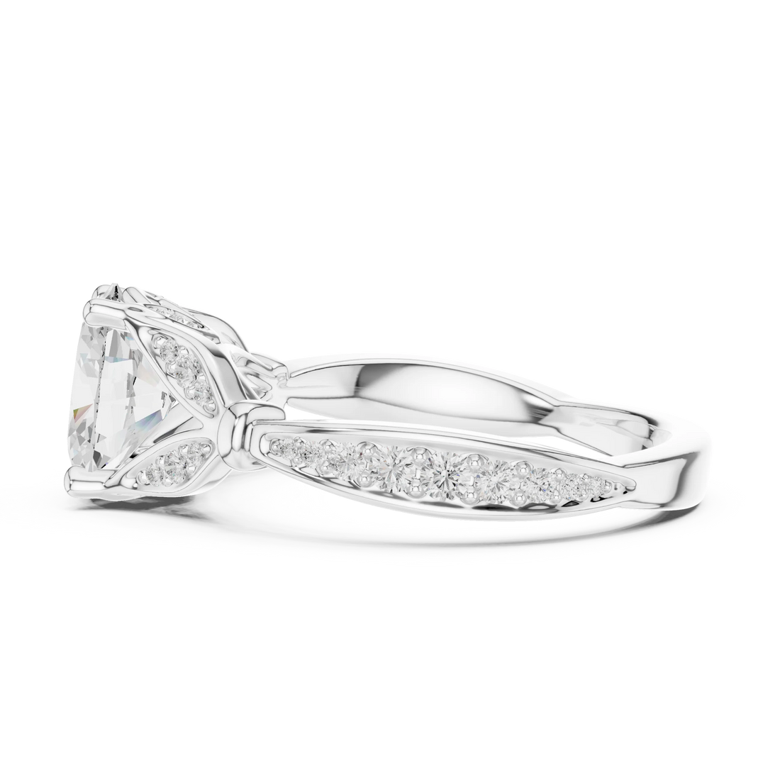 Side view of white gold oval solitaire ring with floral milgrain pave band and lab-grown diamond – Australia