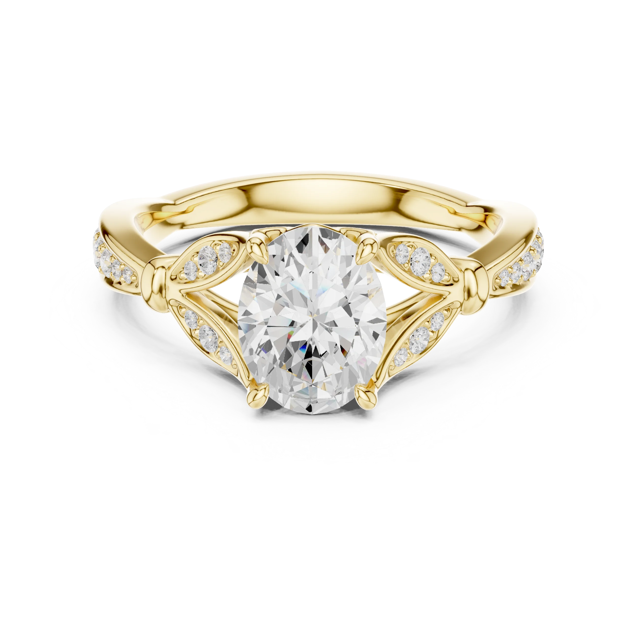 Oval solitaire ring in yellow gold with floral milgrain pave band and lab-grown diamond – Australia