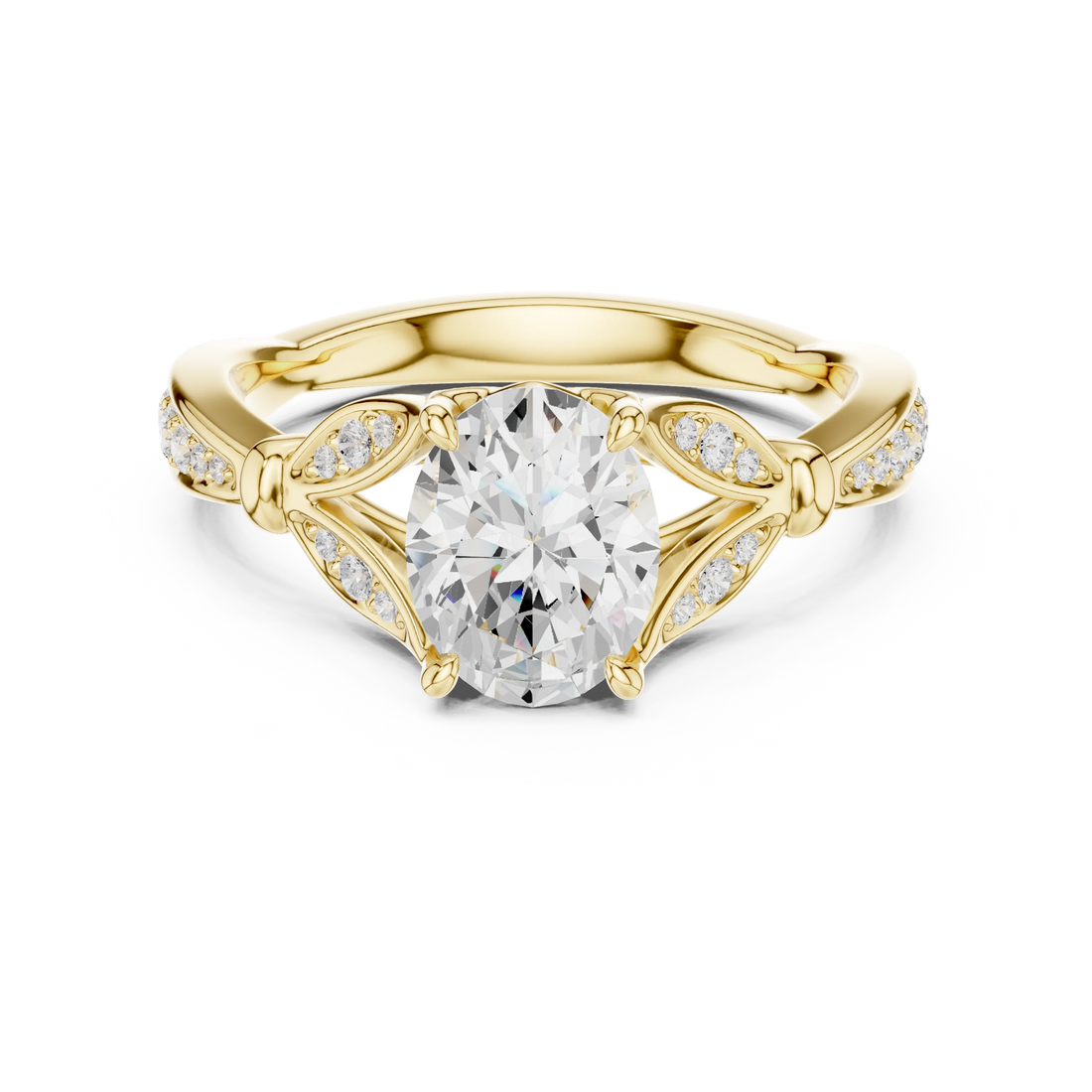 Oval solitaire ring in yellow gold with floral milgrain pave band and lab-grown diamond – Australia