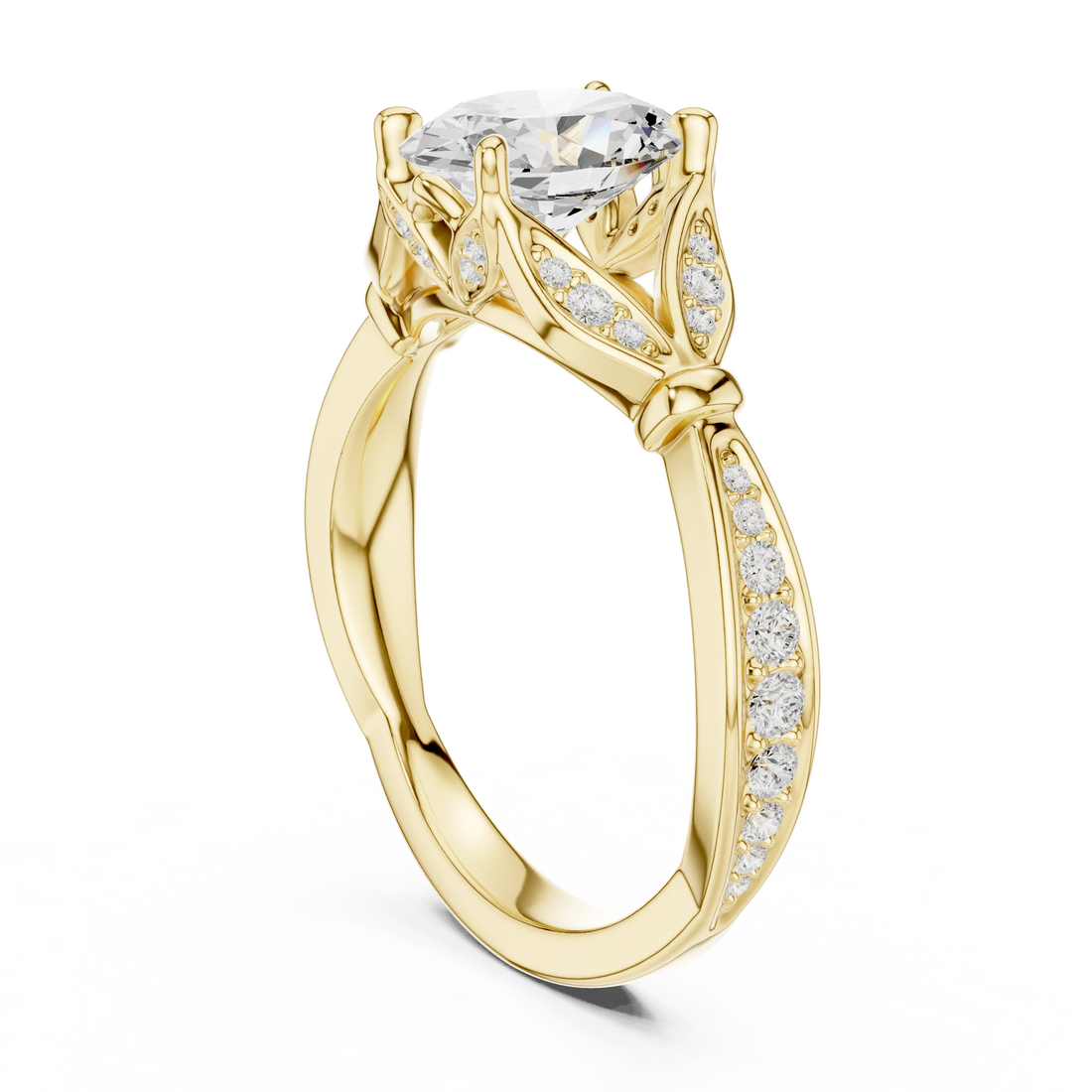 Back side view of yellow gold oval solitaire ring with floral milgrain pave band and lab-grown diamond – Australia