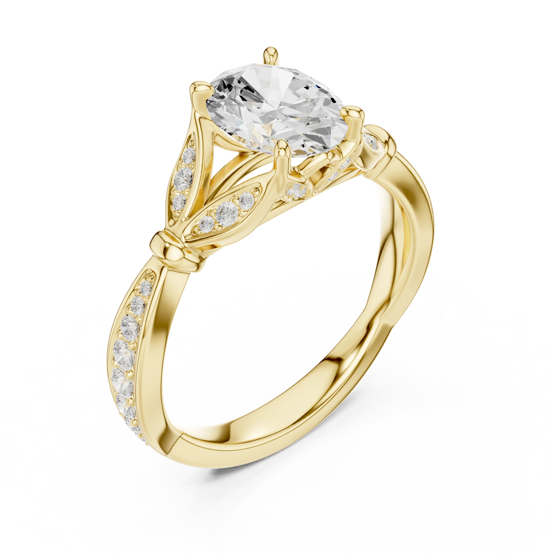 Front view of yellow gold oval solitaire ring with floral milgrain pave band and lab-grown diamond – Australia
