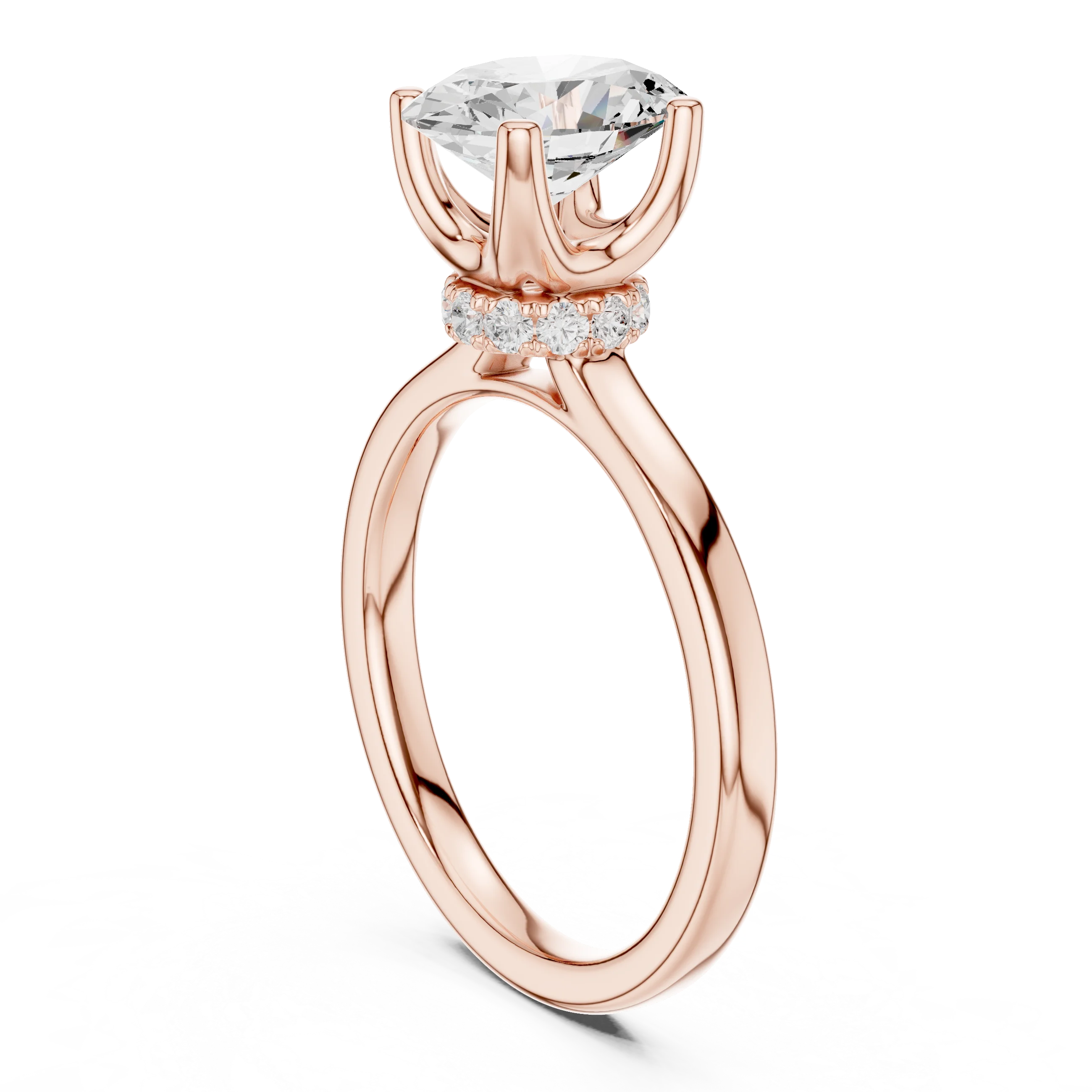 Back view of rose gold oval cut solitaire ring showcasing hidden halo and domed band design