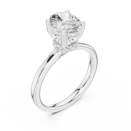 Front view of white gold oval cut solitaire ring with hidden halo and domed band and lab-created diamond