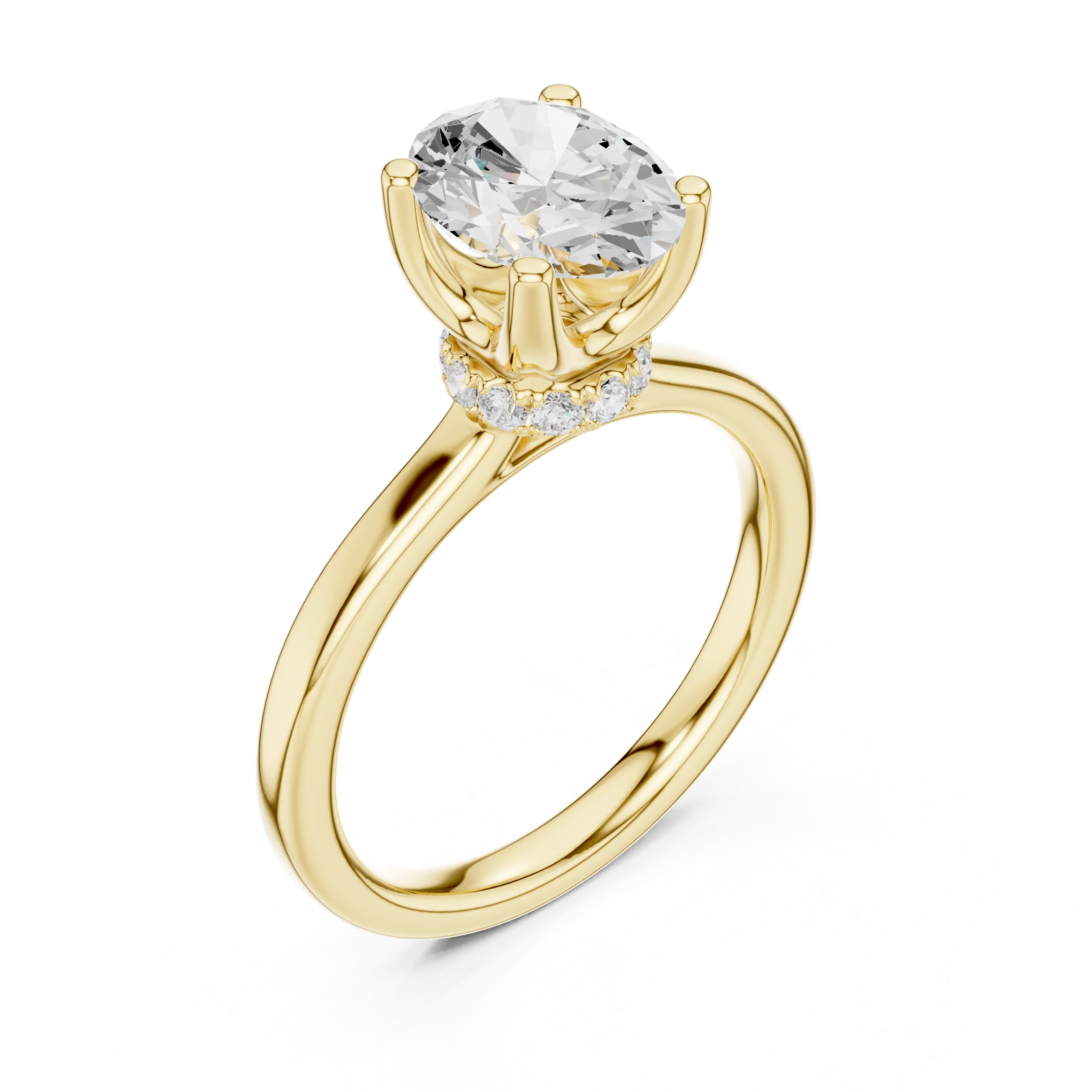 Front view of yellow gold oval cut solitaire ring showing hidden halo and domed band details