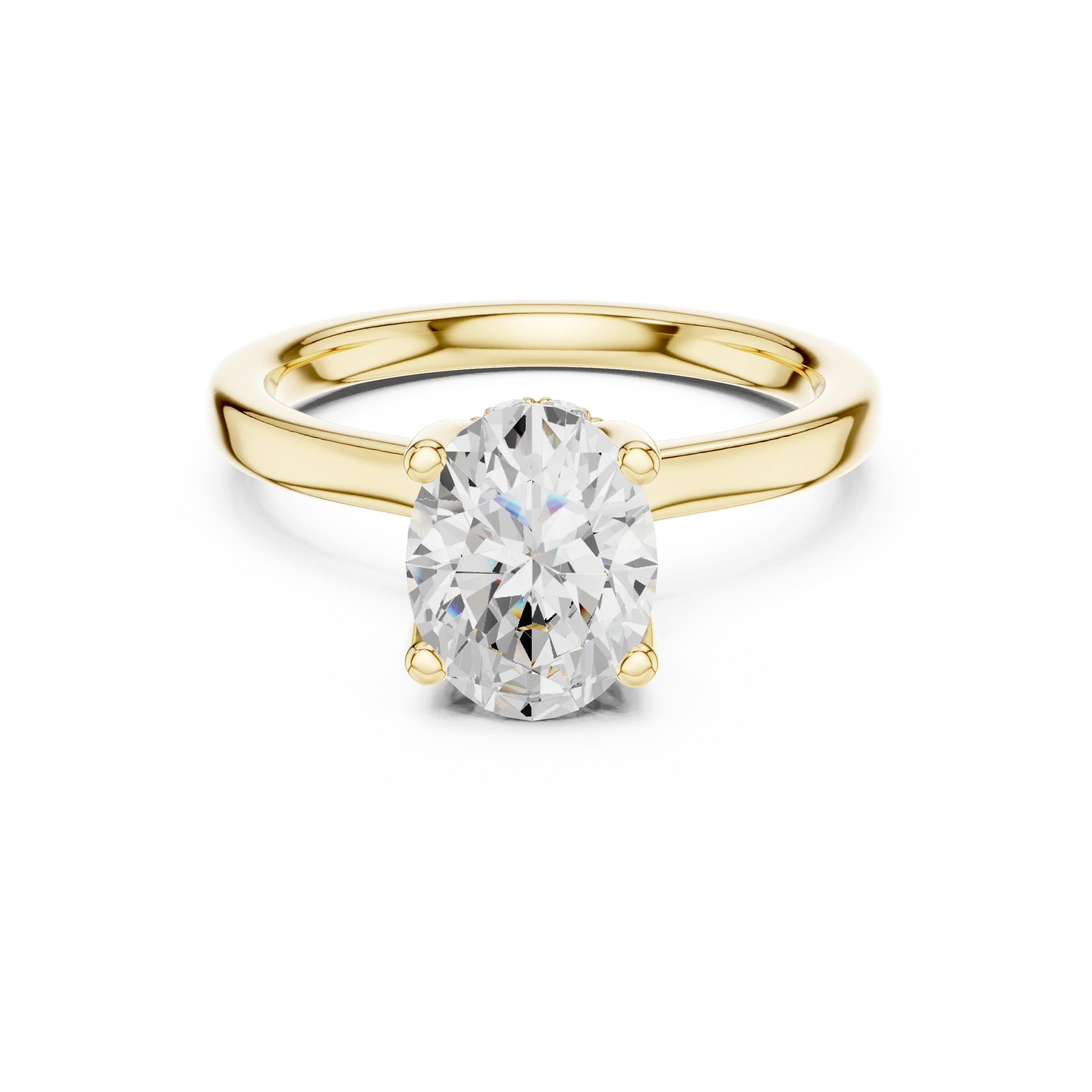 Yellow gold oval cut solitaire ring with hidden halo and domed band featuring lab-grown diamond