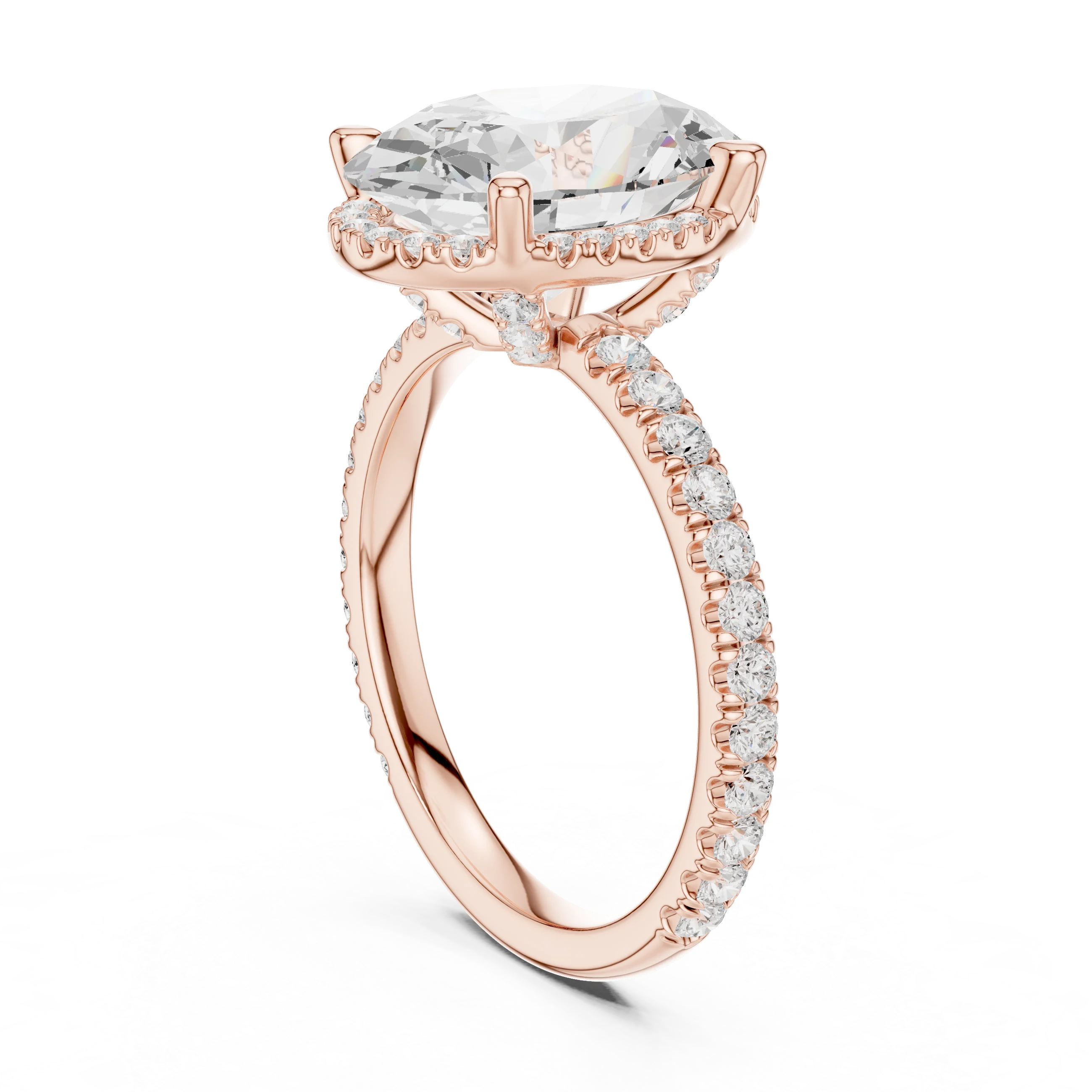 Back side view of rose gold oval cut solitaire ring showing hidden halo and thin pavé band structure