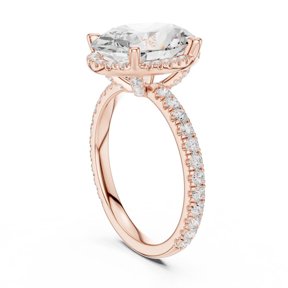 Back side view of rose gold oval cut solitaire ring showing hidden halo and thin pavé band structure