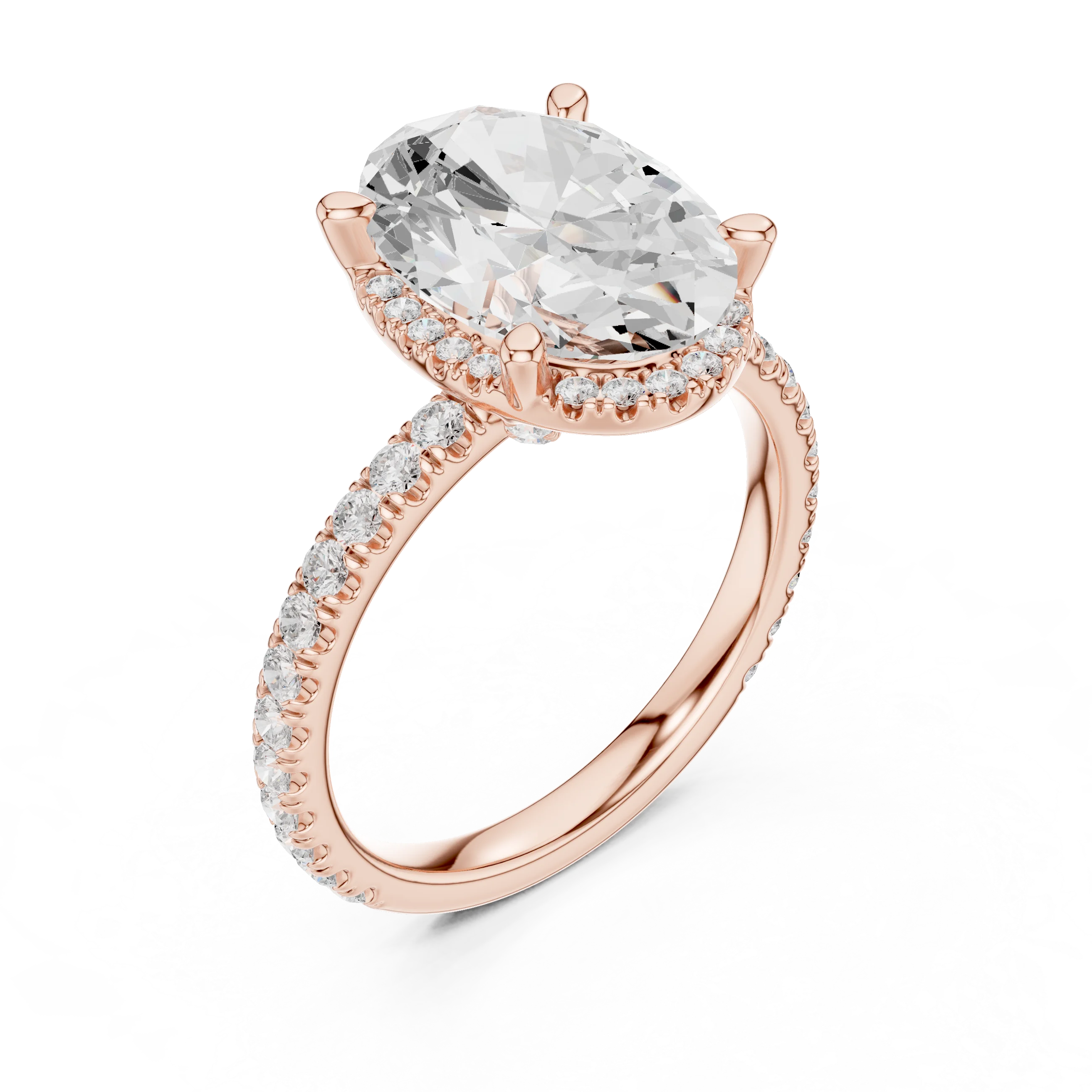 Front view of rose gold oval cut solitaire ring with hidden halo and thin pavé diamond band and lab-created diamond