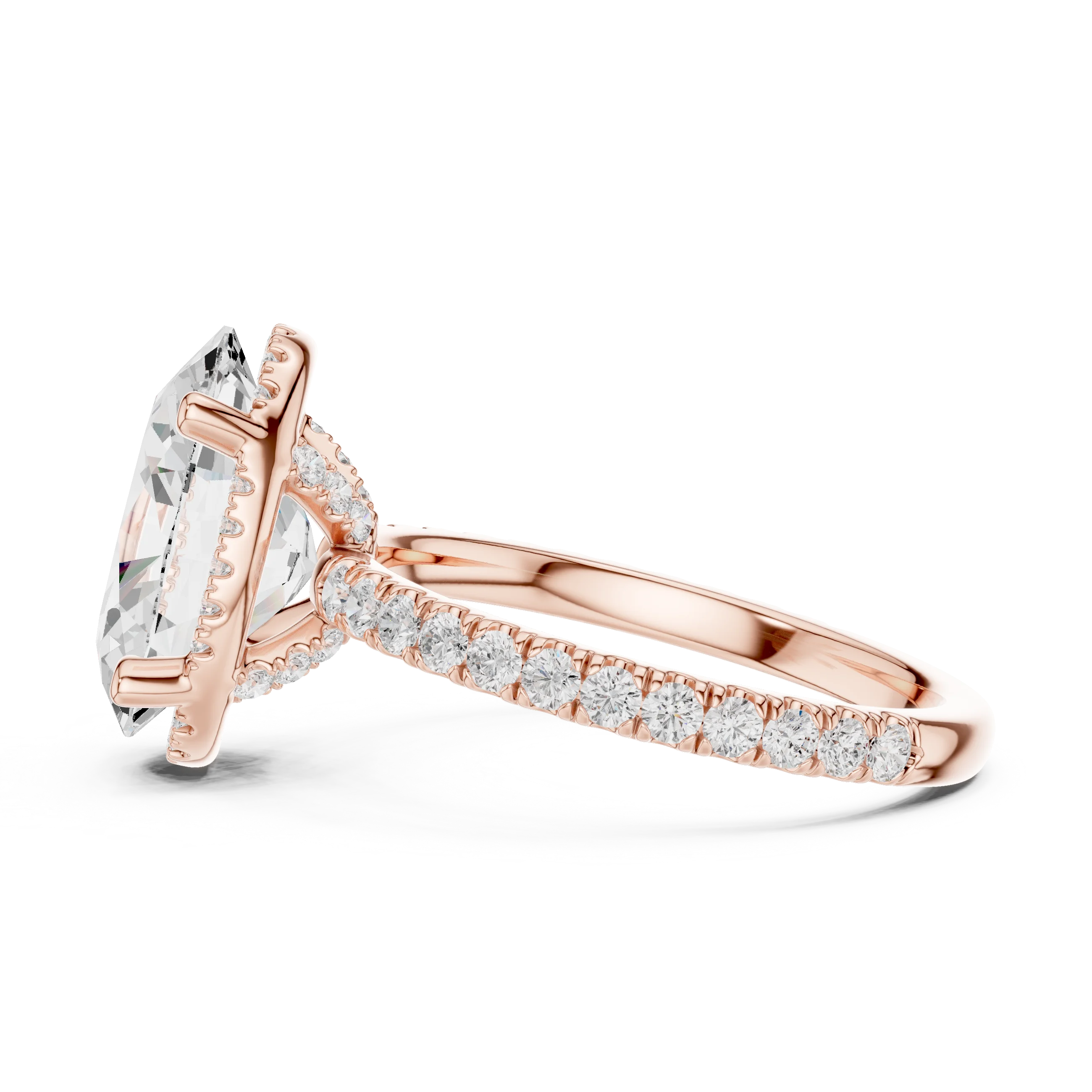 Side view of rose gold oval cut solitaire ring highlighting hidden halo and thin pavé band design