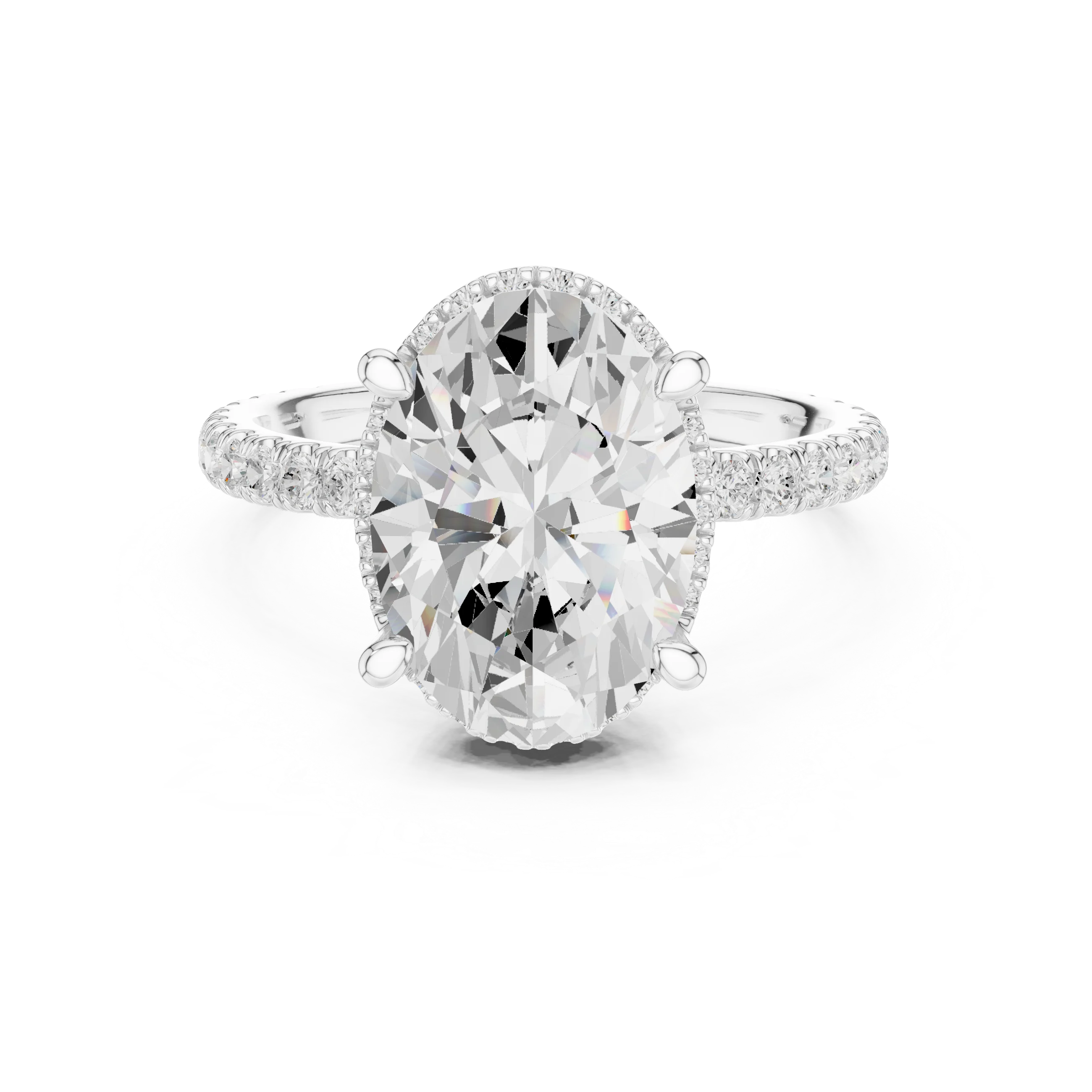 White gold oval cut solitaire ring with hidden halo and thin pavé band featuring lab-grown diamond, elegant design
