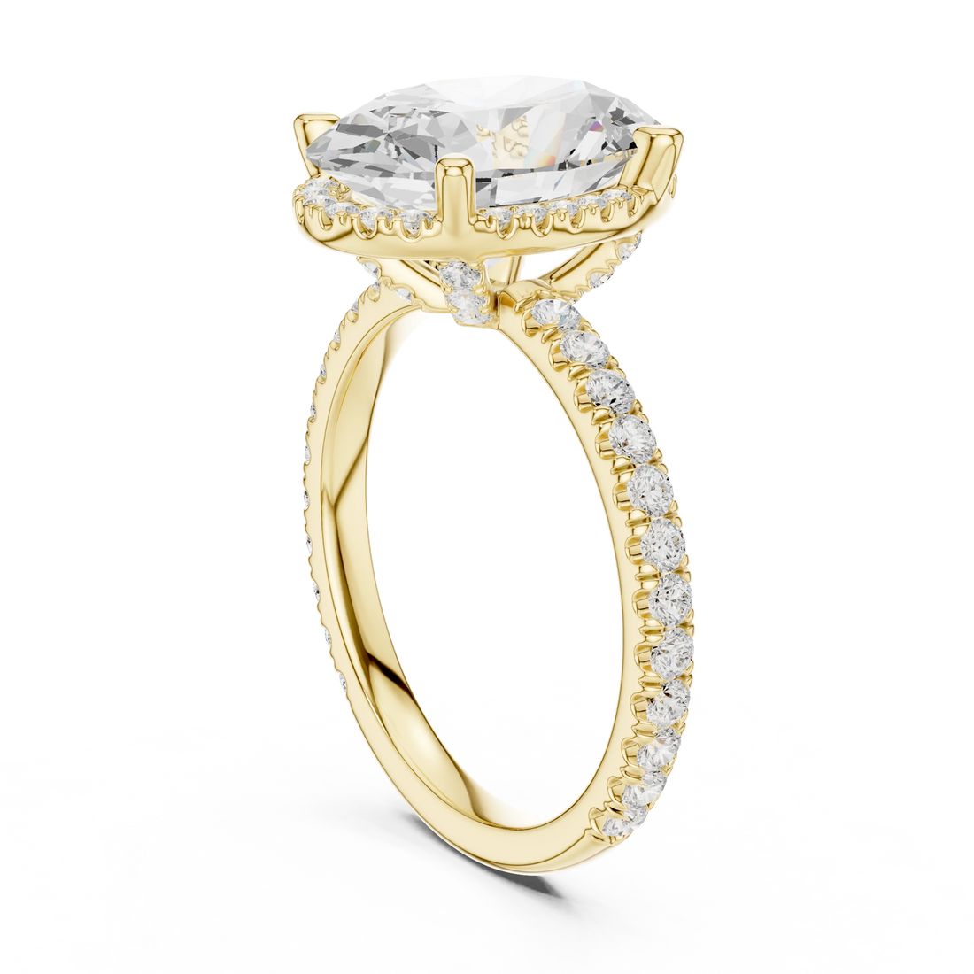 Back side view of yellow gold oval cut solitaire ring showing hidden halo and thin pavé band details