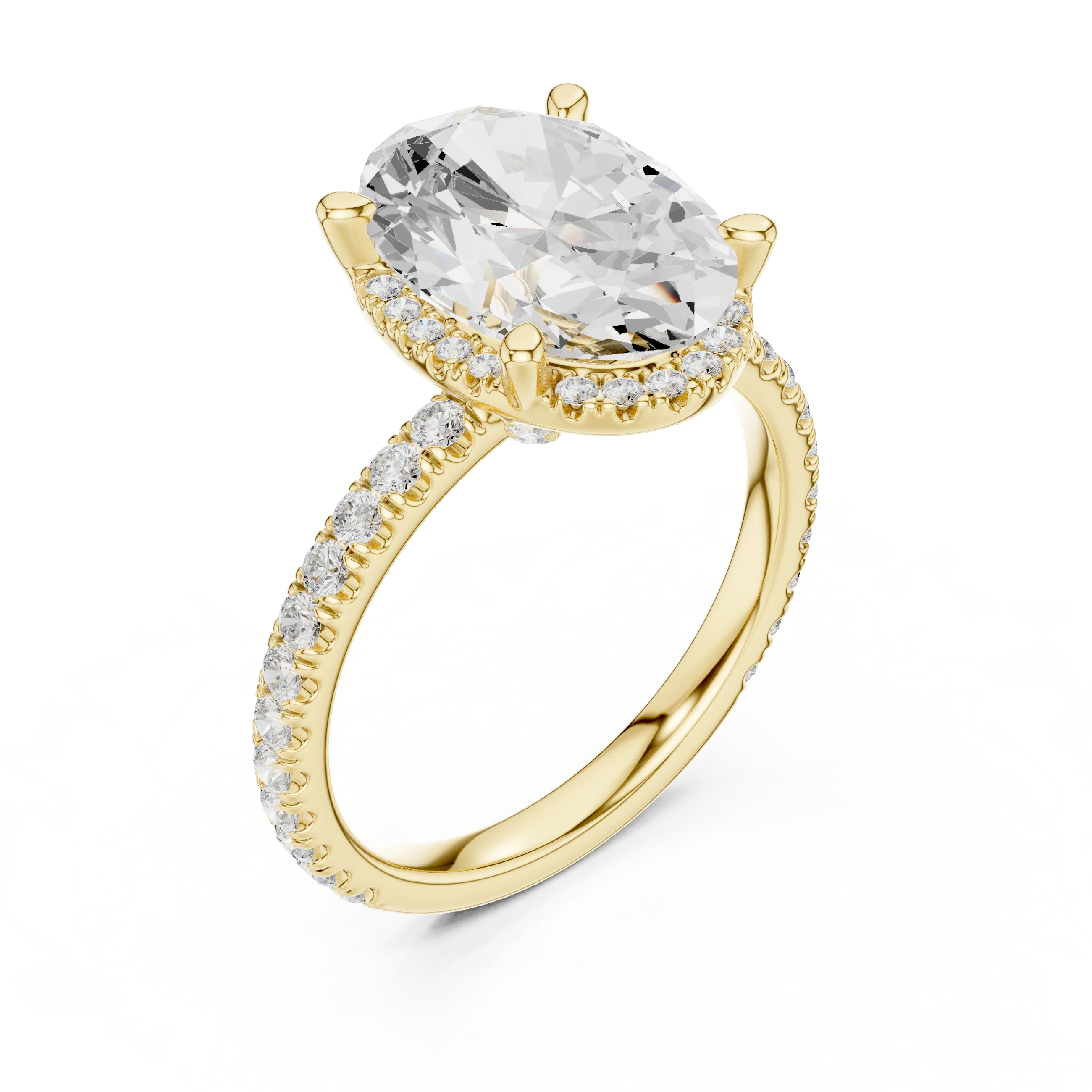 Front view of yellow gold oval cut solitaire ring with hidden halo and thin pavé diamond band and lab-created diamond