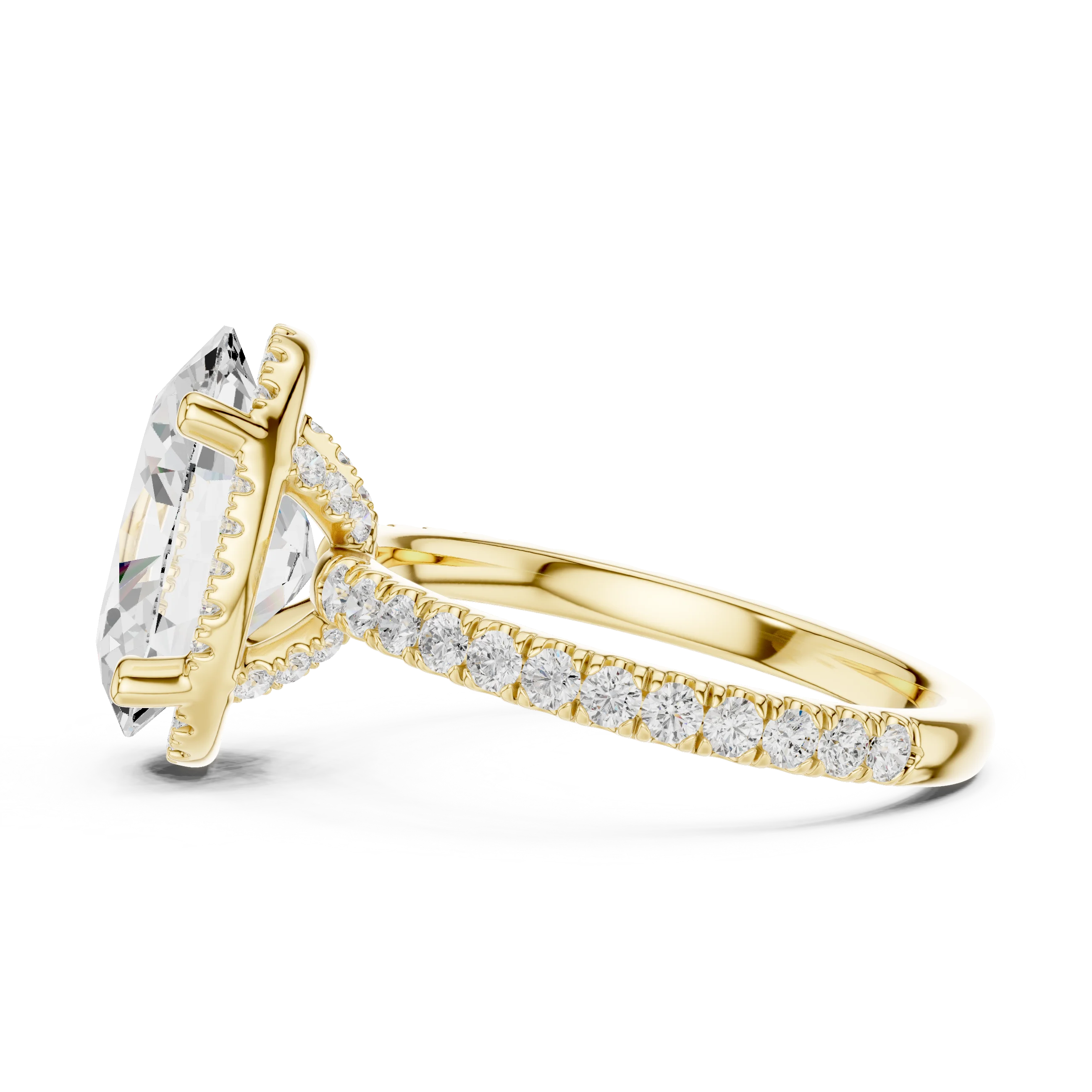Side view of yellow gold oval cut solitaire ring highlighting hidden halo and thin pavé band design