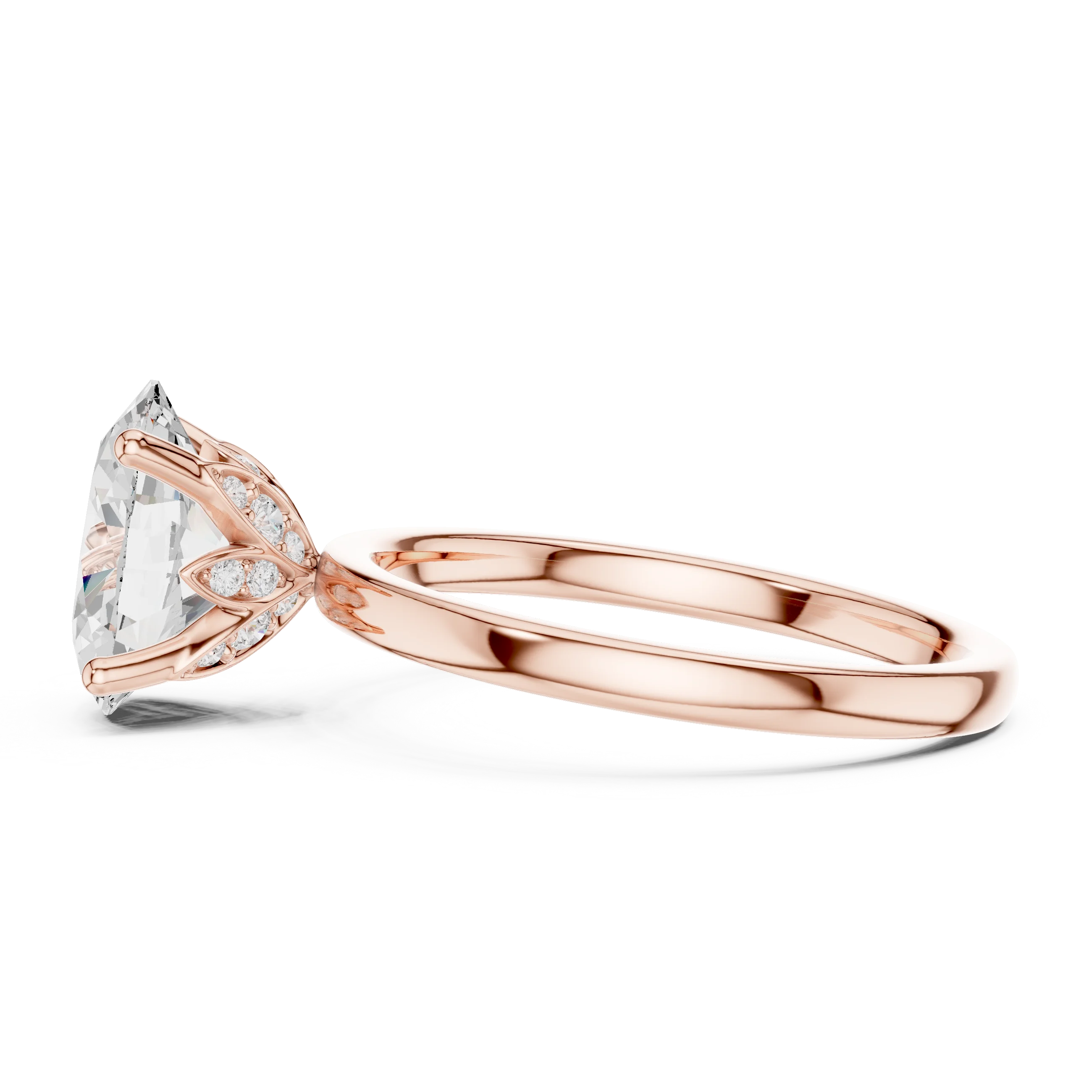 Side profile of rose gold oval cut solitaire ring with domed band and elevated center stone