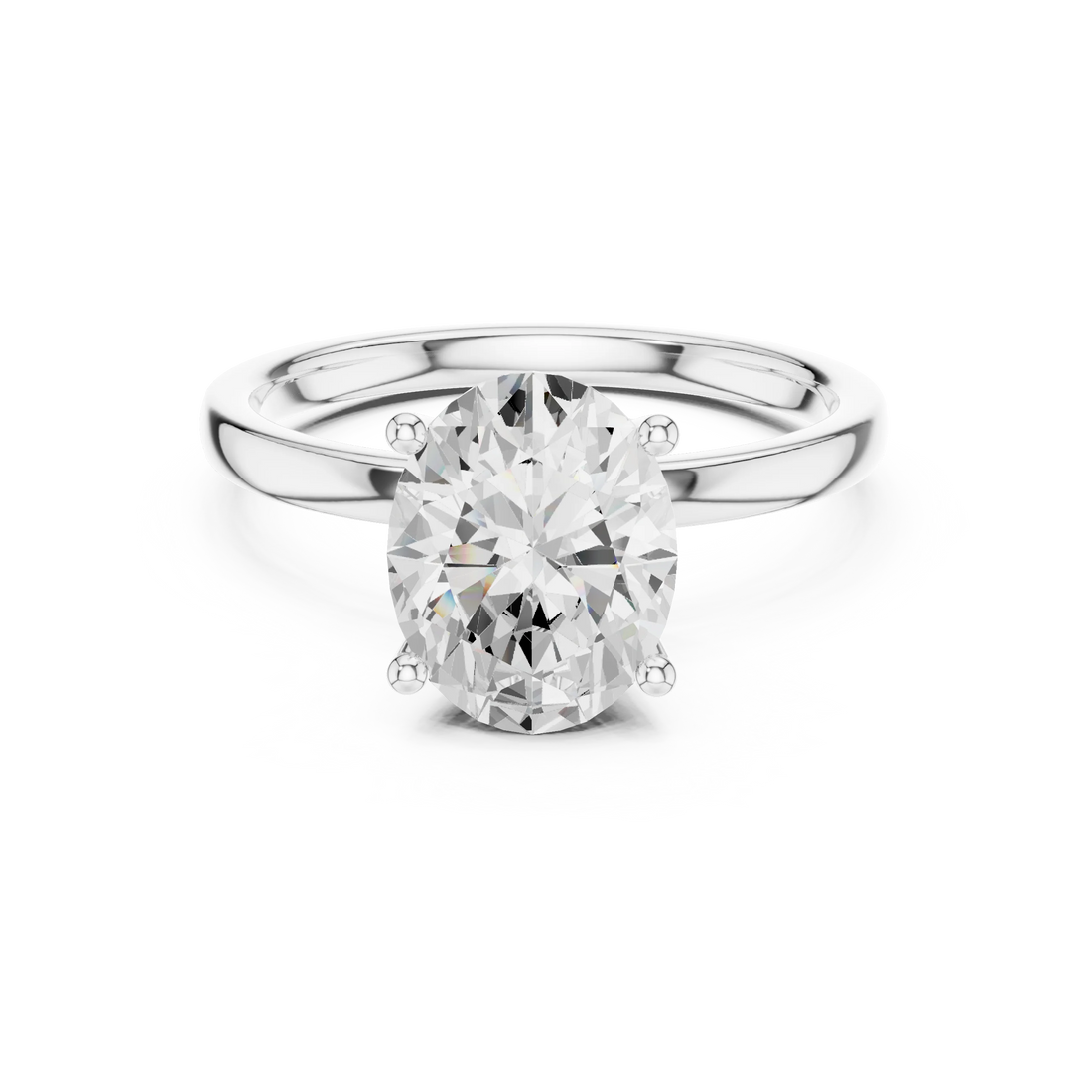 Lab-grown oval cut solitaire ring in white gold with plain domed band