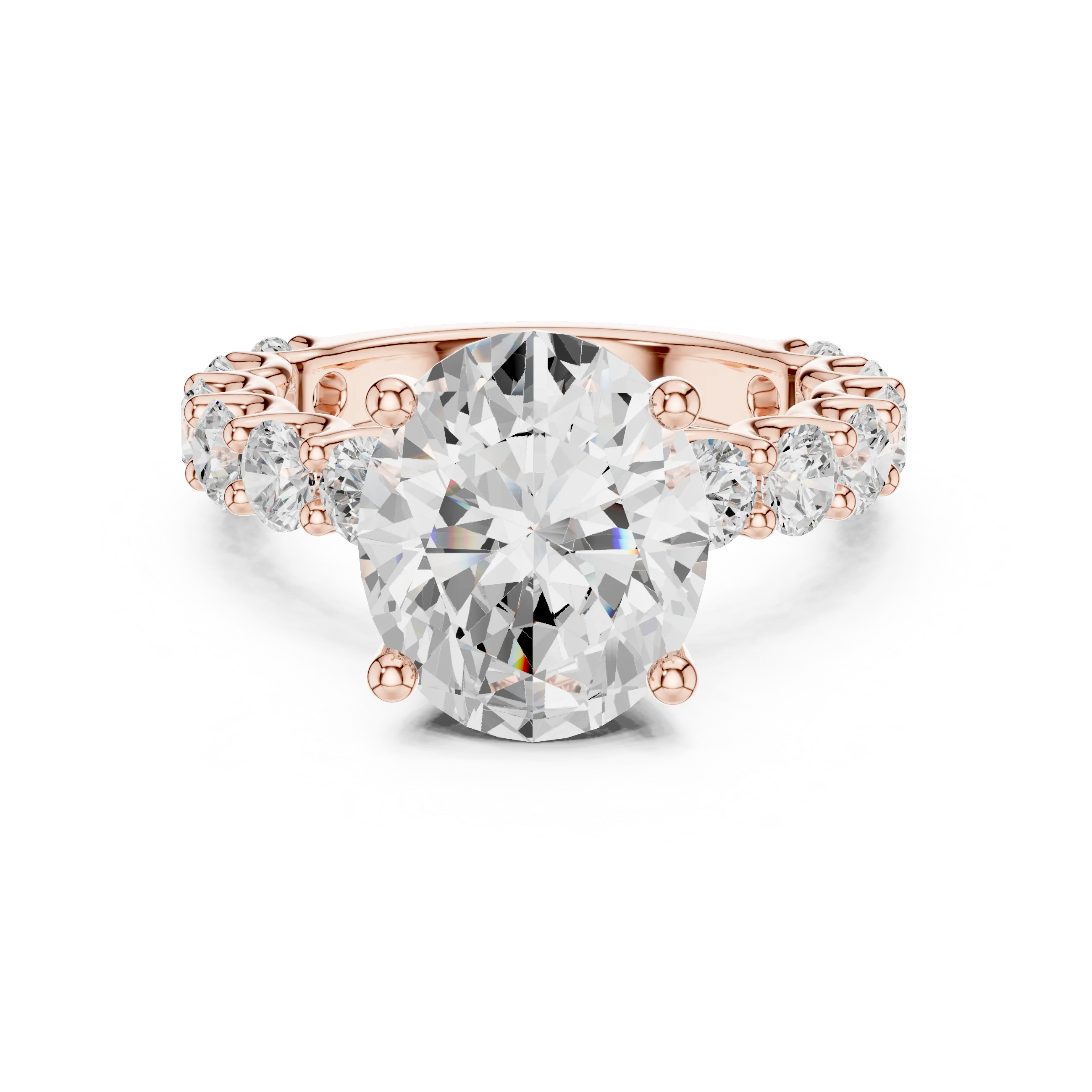 Lab-grown oval cut solitaire ring in rose gold with shared prong large stone band