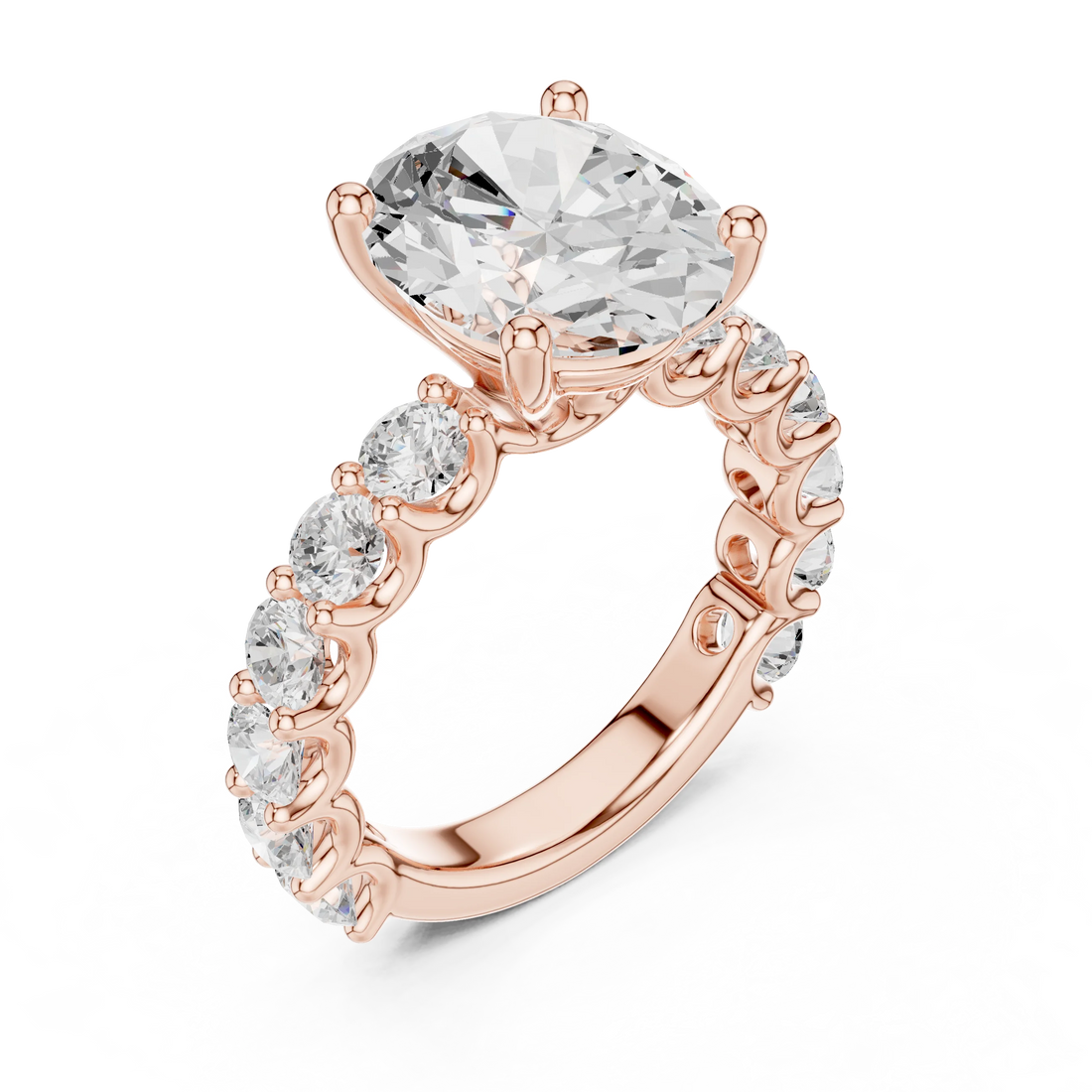 Front view of rose gold oval cut solitaire ring with shared prong large stone band and center stone