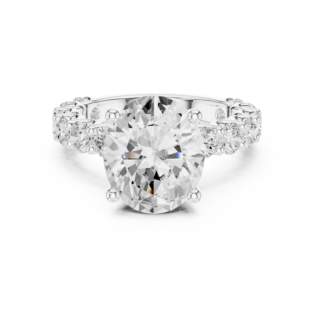 Lab-grown oval cut solitaire ring in white gold with shared prong large stone band