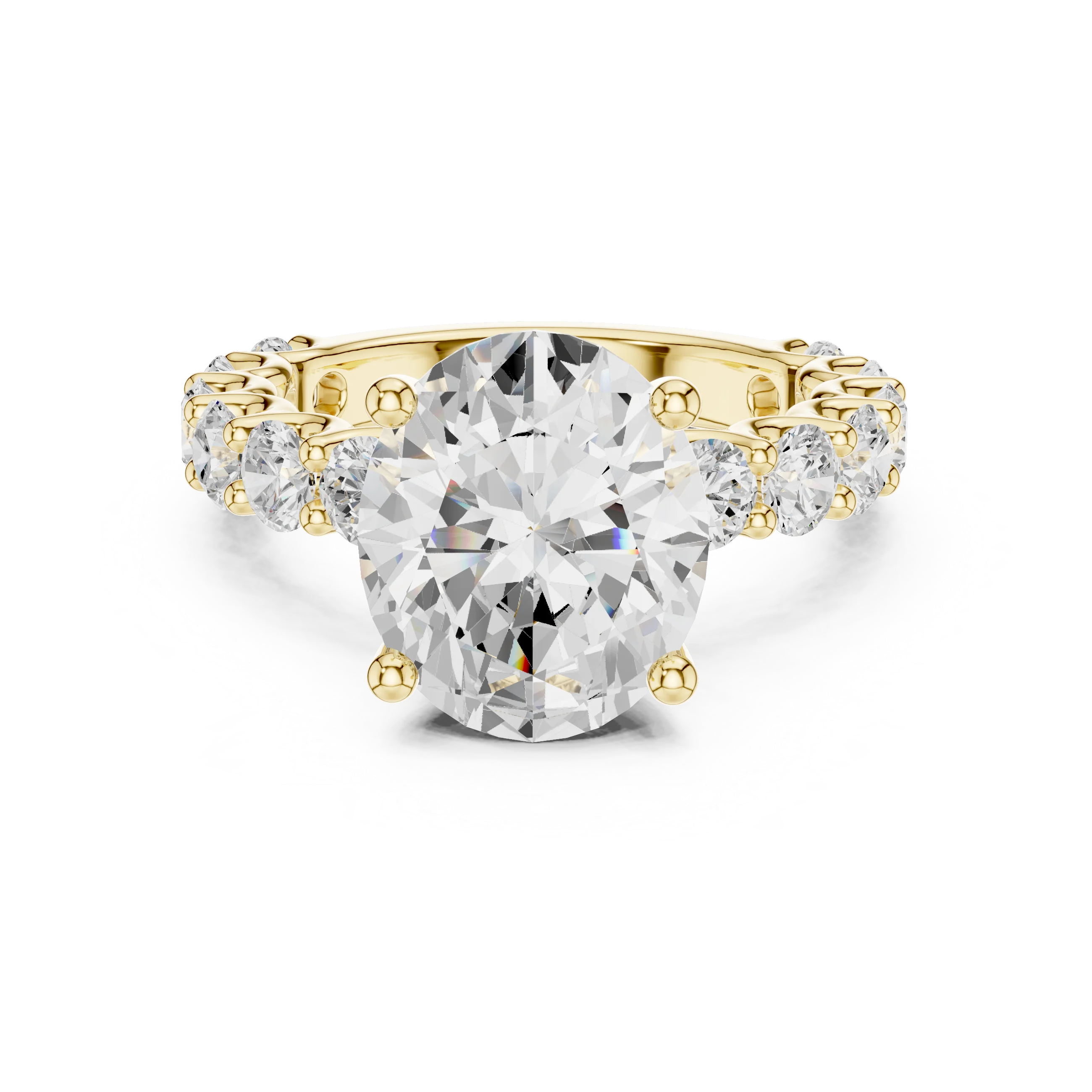 Lab-grown oval cut solitaire ring in yellow gold with shared prong large stone band