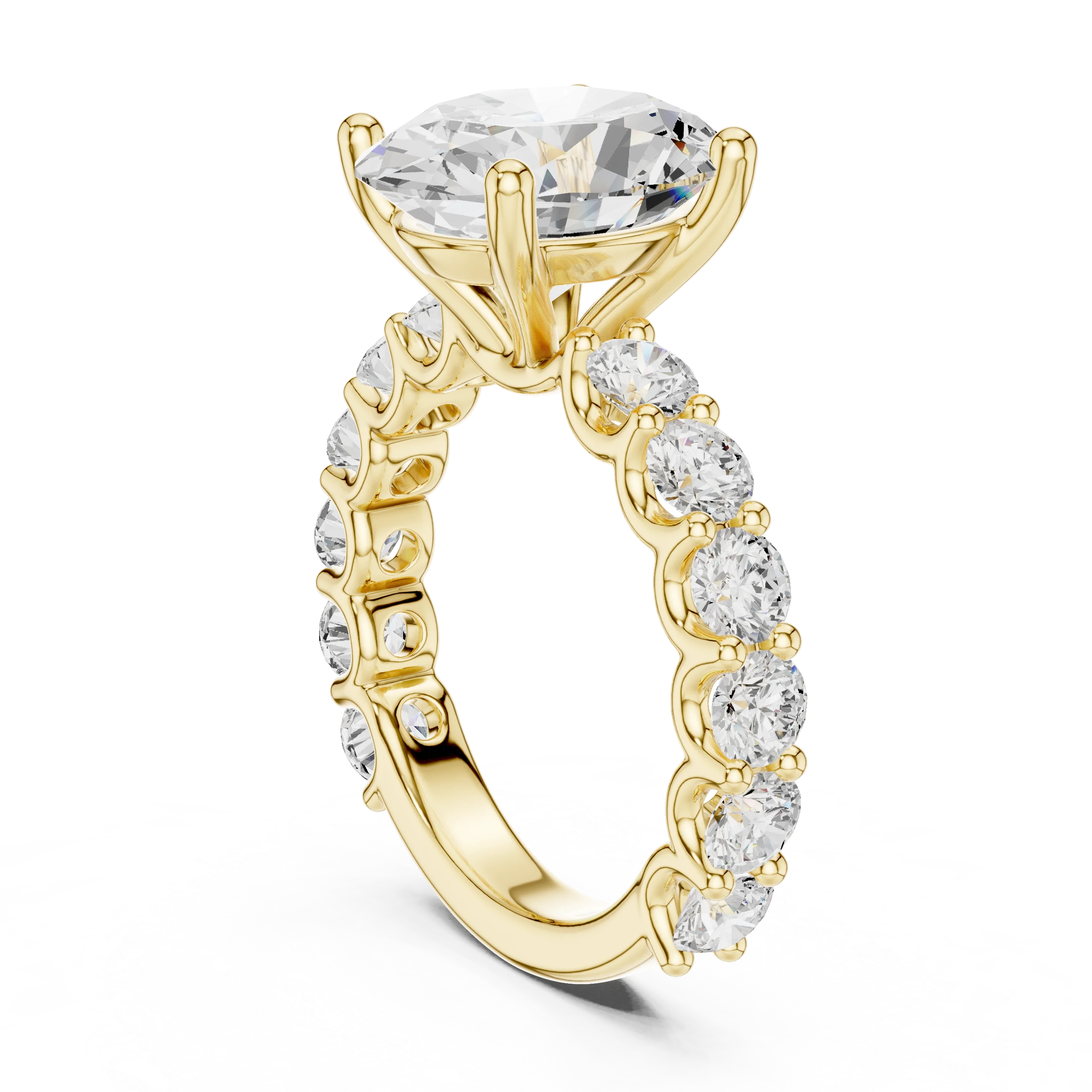 Back side view of yellow gold oval cut solitaire ring showing shared prong large stone band and setting structure
