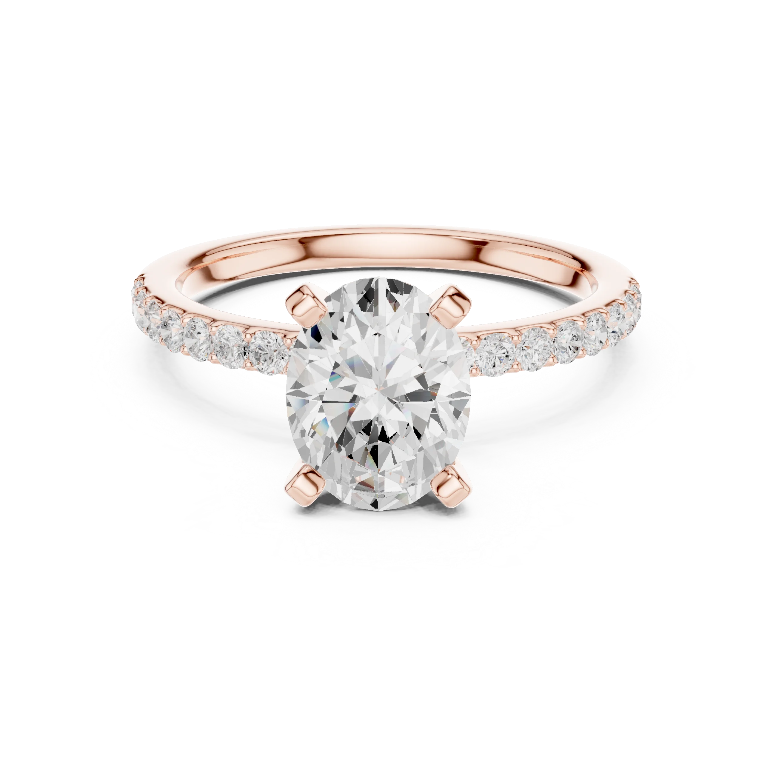 Lab-grown oval solitaire diamond ring in rose gold with thin pavé band