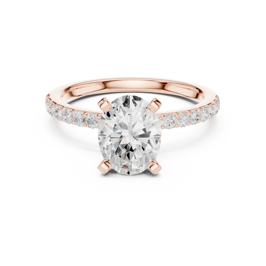 Lab-grown oval solitaire diamond ring in rose gold with thin pavé band