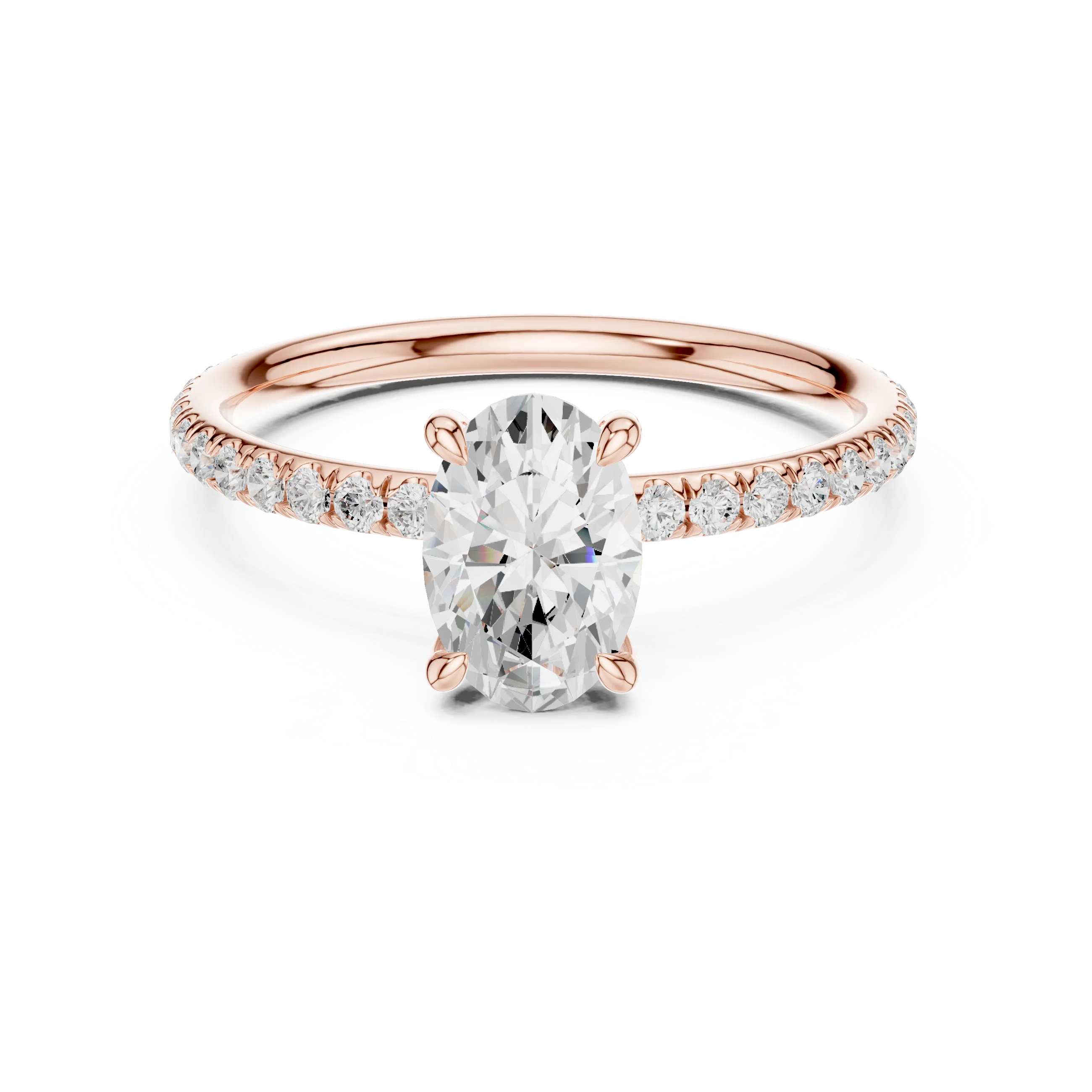Lab-grown oval cut solitaire ring in rose gold with thin pavé diamond band