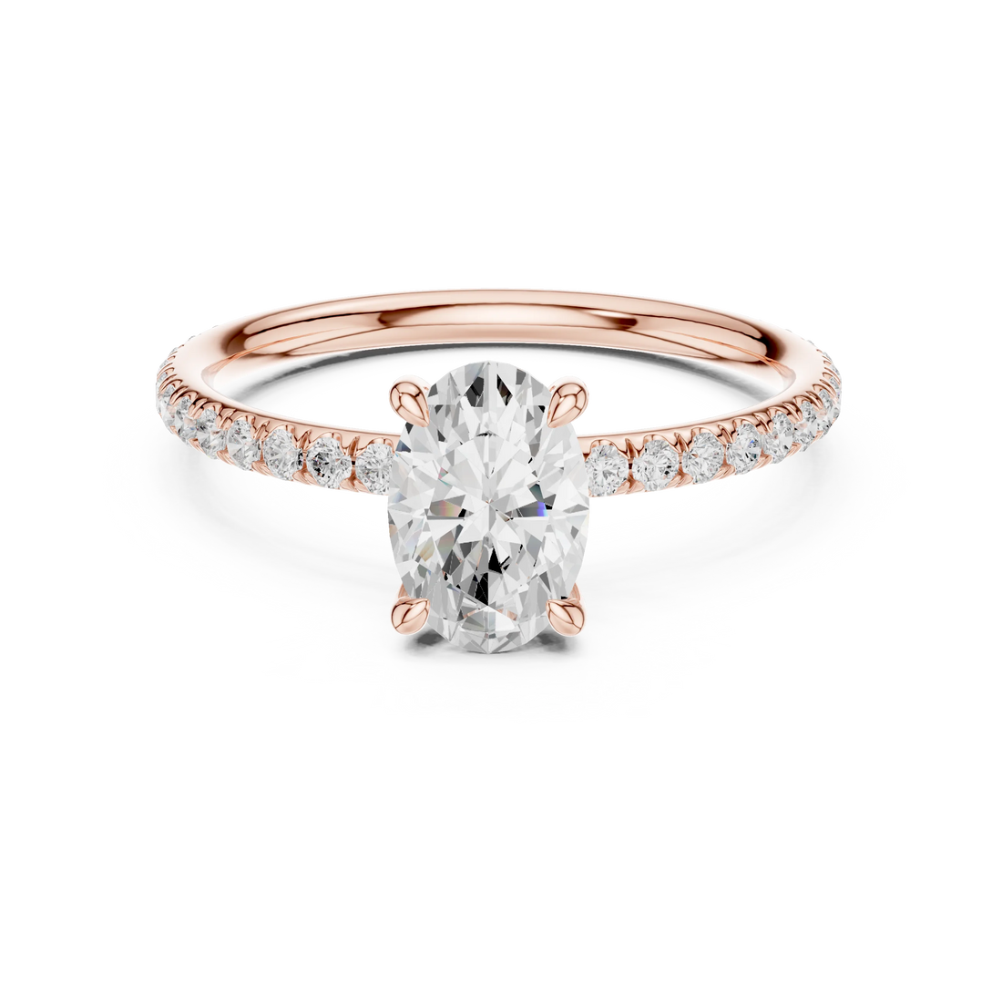 Lab-grown oval cut solitaire ring in rose gold with thin pavé diamond band